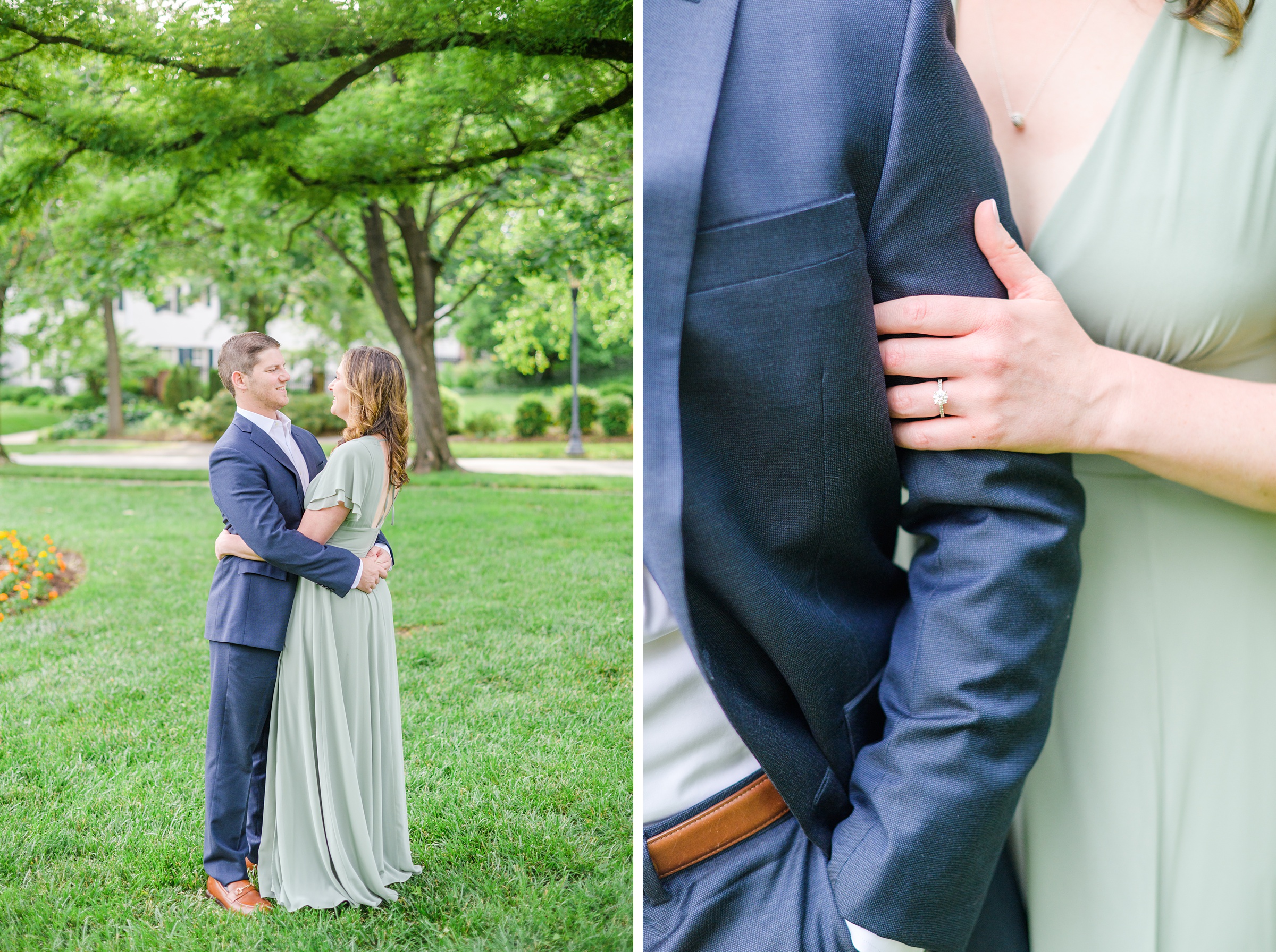 Engaged Couple smiles in Sherwood Gardens engagement session photographed by Maryland Wedding Photographer Cait Kramer Photography