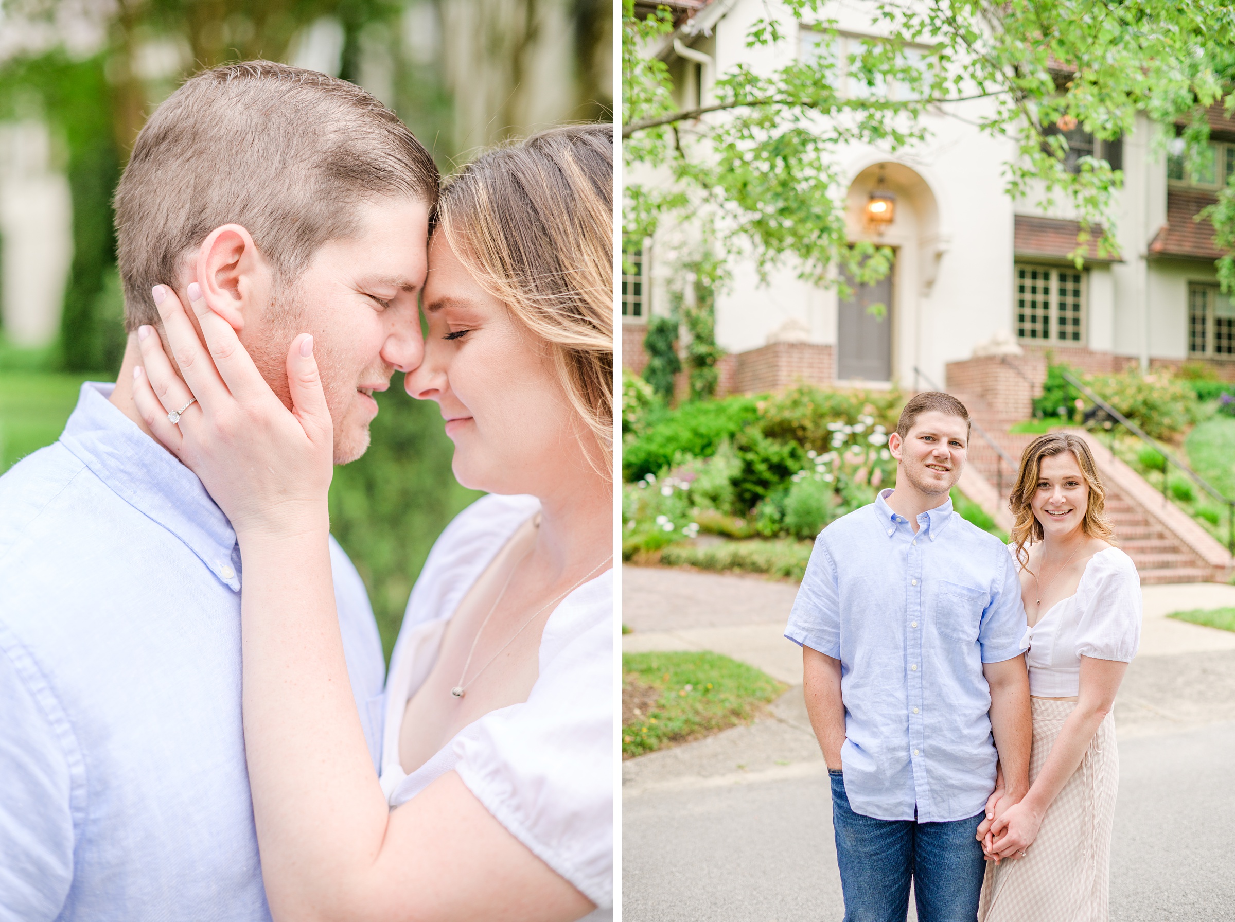 Engaged Couple smiles in Sherwood Gardens engagement session photographed by Maryland Wedding Photographer Cait Kramer Photography