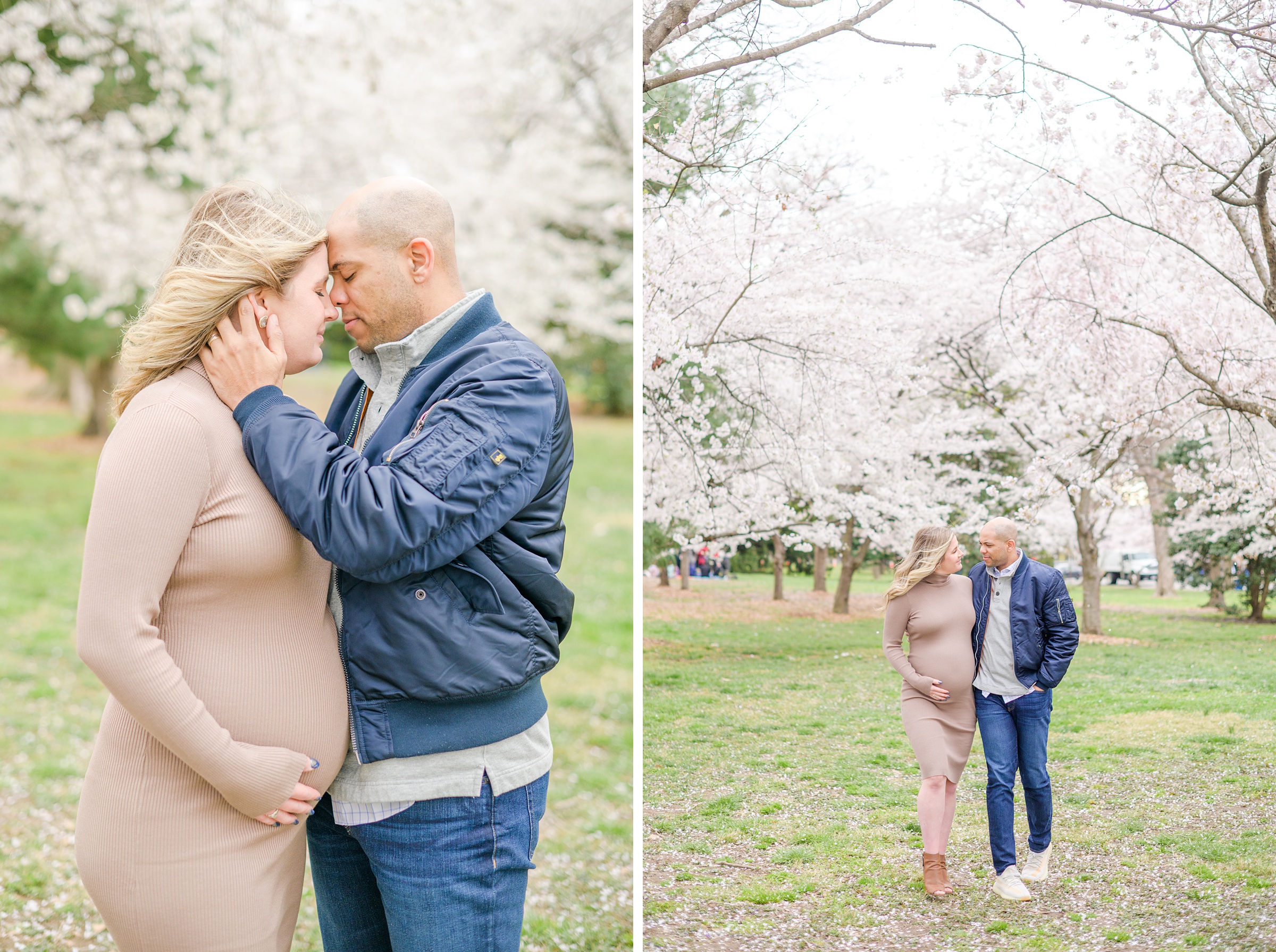 Mama and dad-to-be poses with her bump amongst the cherry blossoms at the Washington, DC Tidal Basin during a maternity session photographed by Cait Kramer Photography