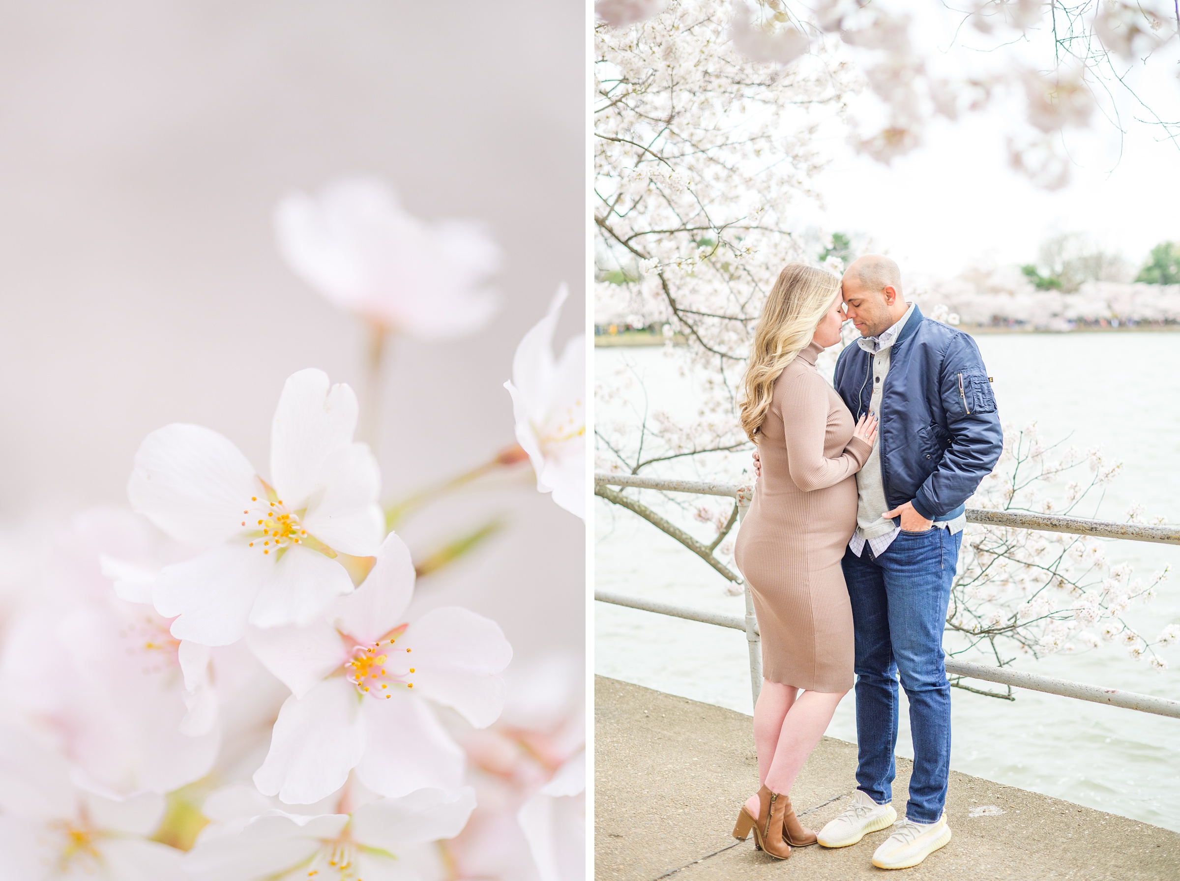 Mama and dad-to-be poses with her bump amongst the cherry blossoms at the Washington, DC Tidal Basin during a maternity session photographed by Cait Kramer Photography