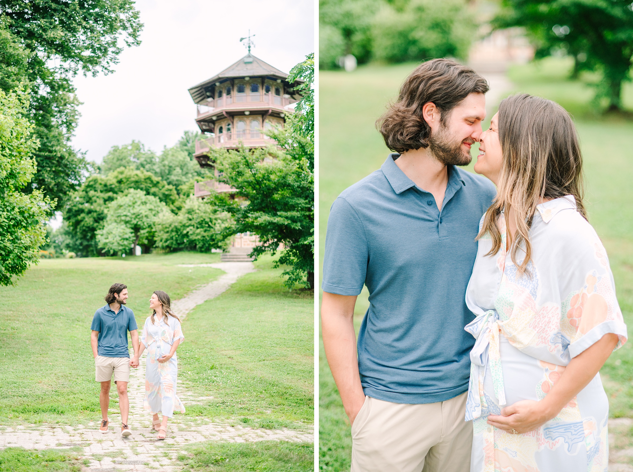 Expecting couple smiles during Patterson Park maternity session photographed by Baltimore Photographer Cait Kramer.