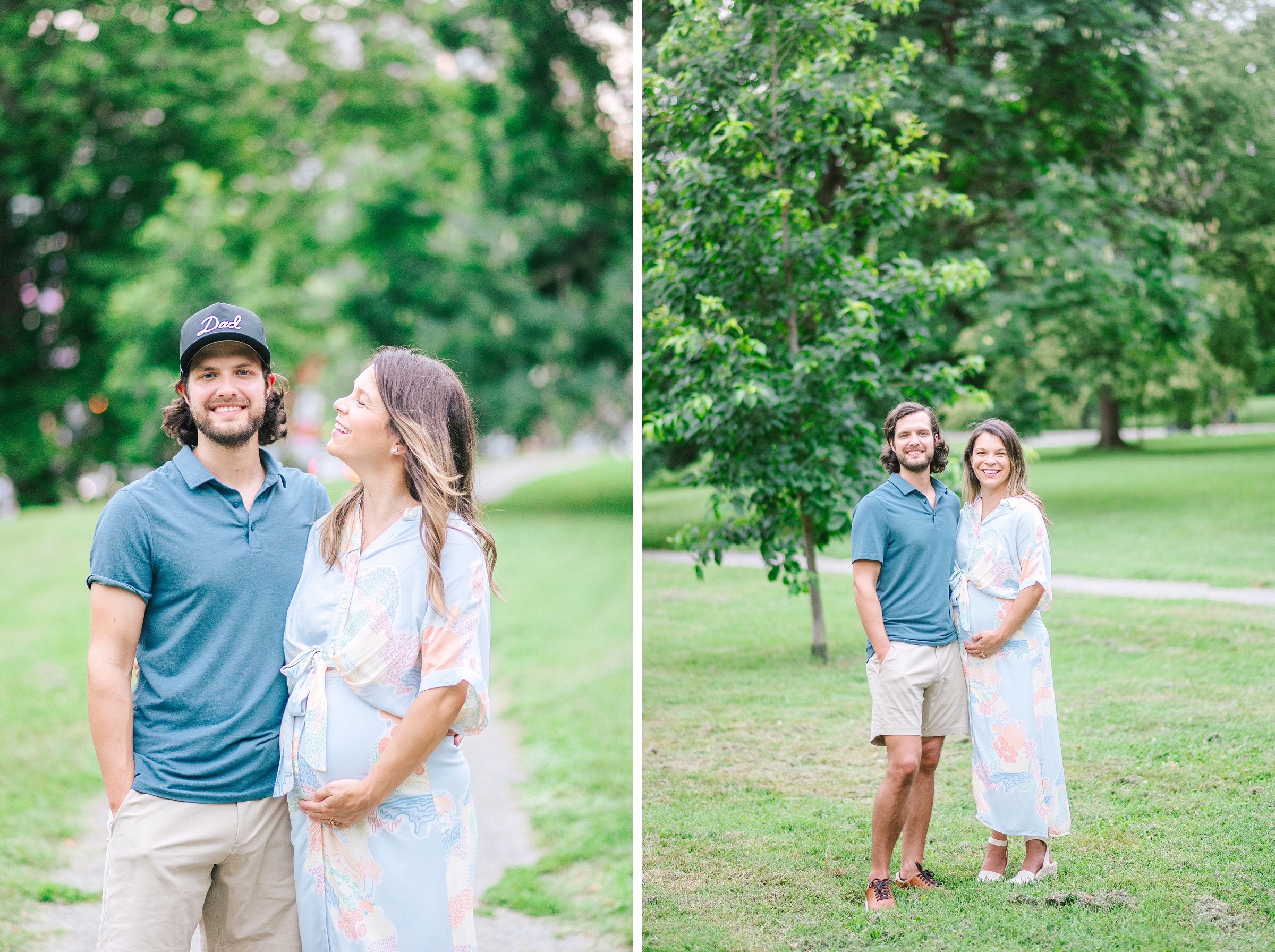 Expecting couple smiles during Patterson Park maternity session photographed by Baltimore Photographer Cait Kramer.