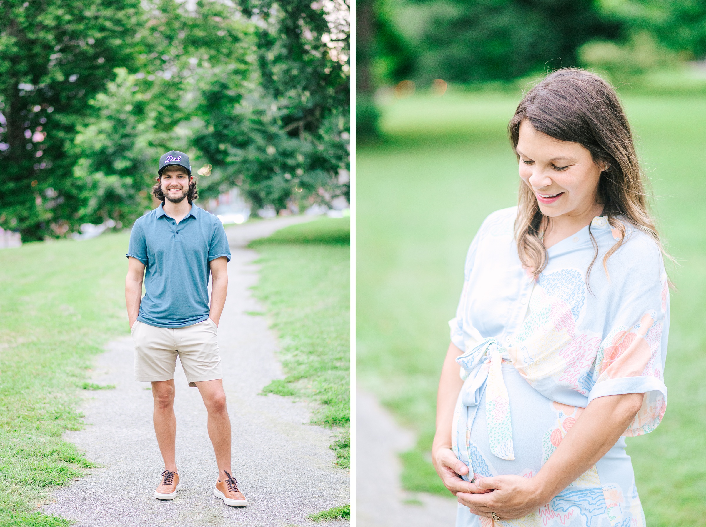 Expecting couple smiles during Patterson Park maternity session photographed by Baltimore Photographer Cait Kramer.