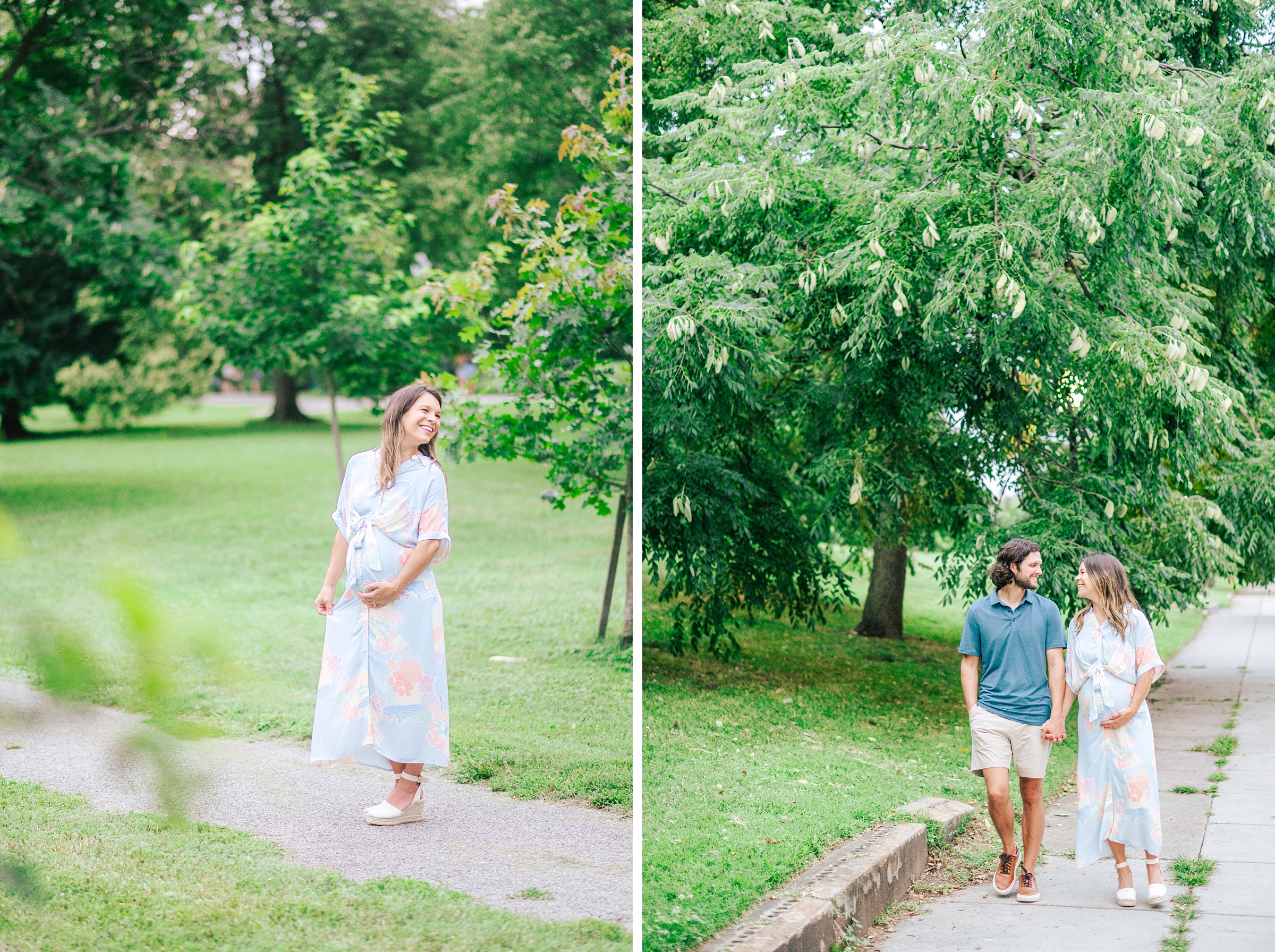 Expecting couple smiles during Patterson Park maternity session photographed by Baltimore Photographer Cait Kramer.