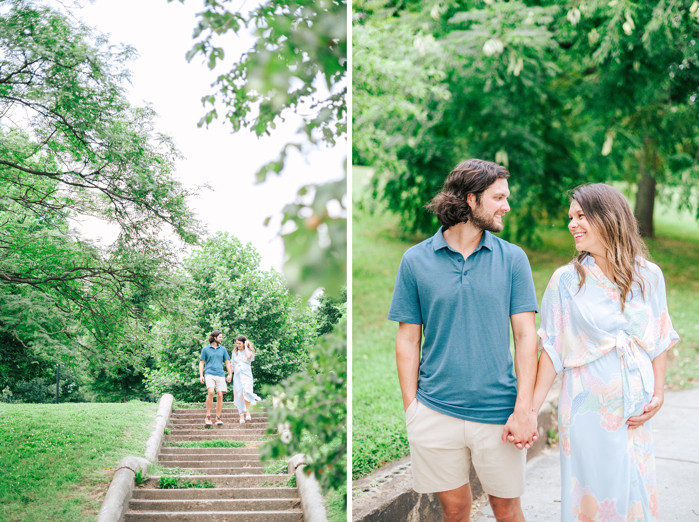 Expecting couple smiles during Patterson Park maternity session photographed by Baltimore Photographer Cait Kramer.