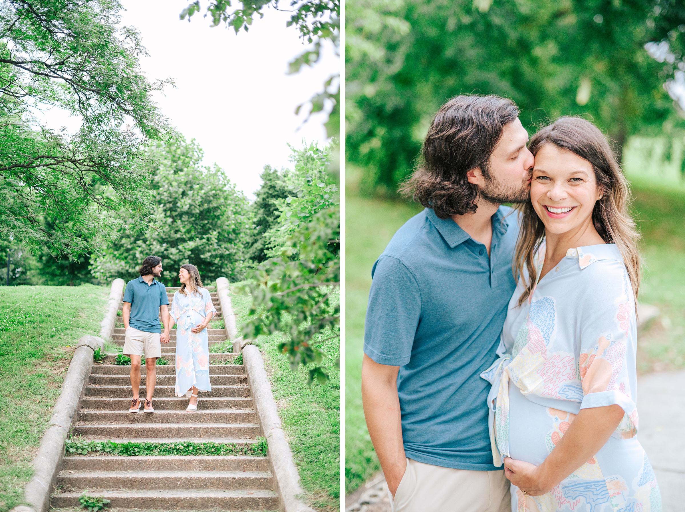 Expecting couple smiles during Patterson Park maternity session photographed by Baltimore Photographer Cait Kramer.