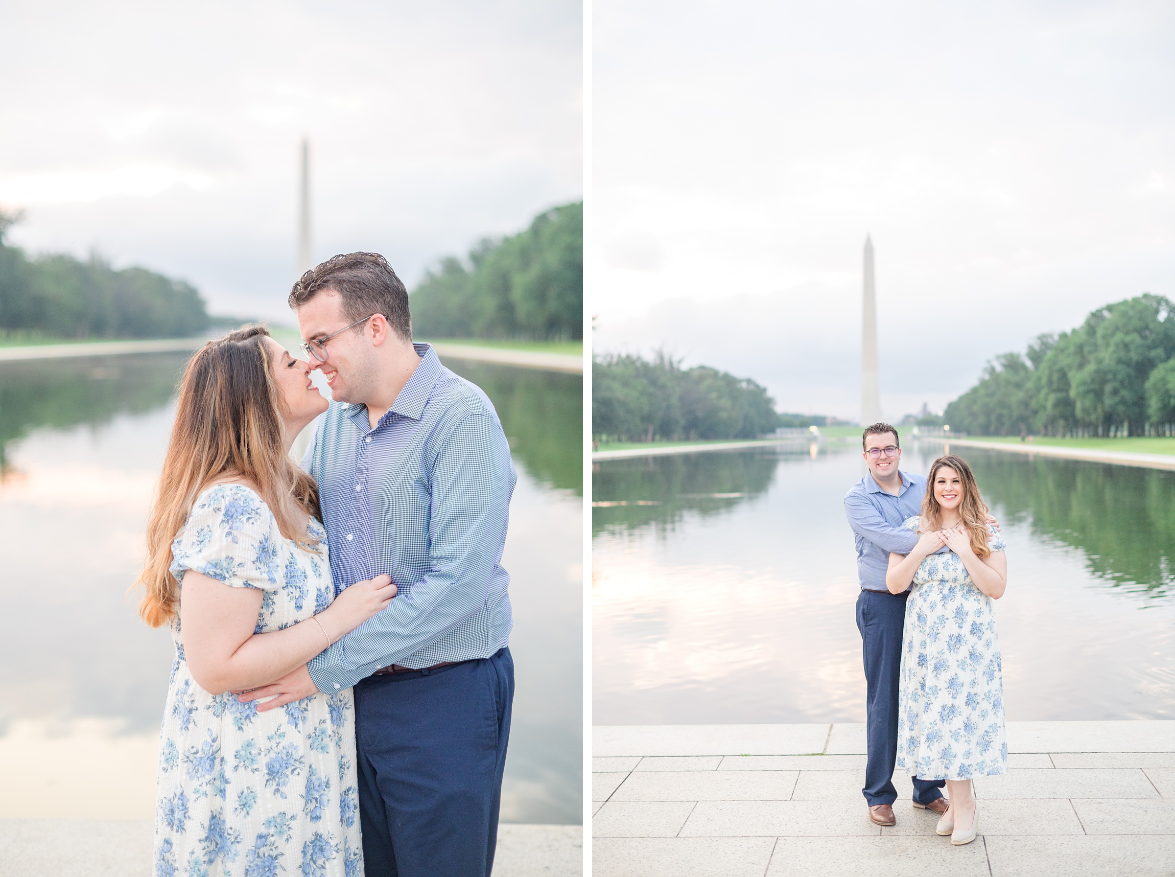 Couple smiles during their engagement photos at the Lincoln Memorial photographed by Baltimore Wedding Photographer, Cait Kramer Photography