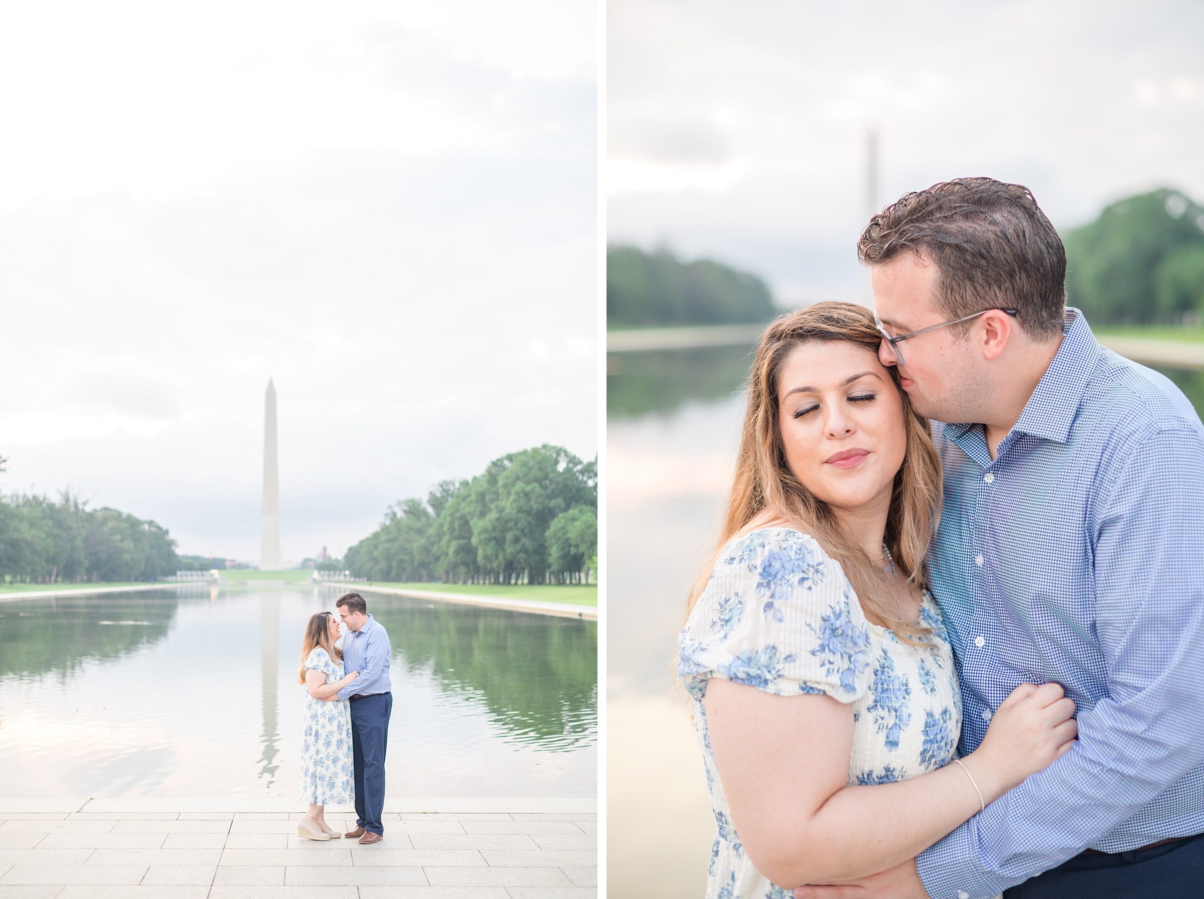 Couple smiles during their engagement photos at the Lincoln Memorial photographed by Baltimore Wedding Photographer, Cait Kramer Photography