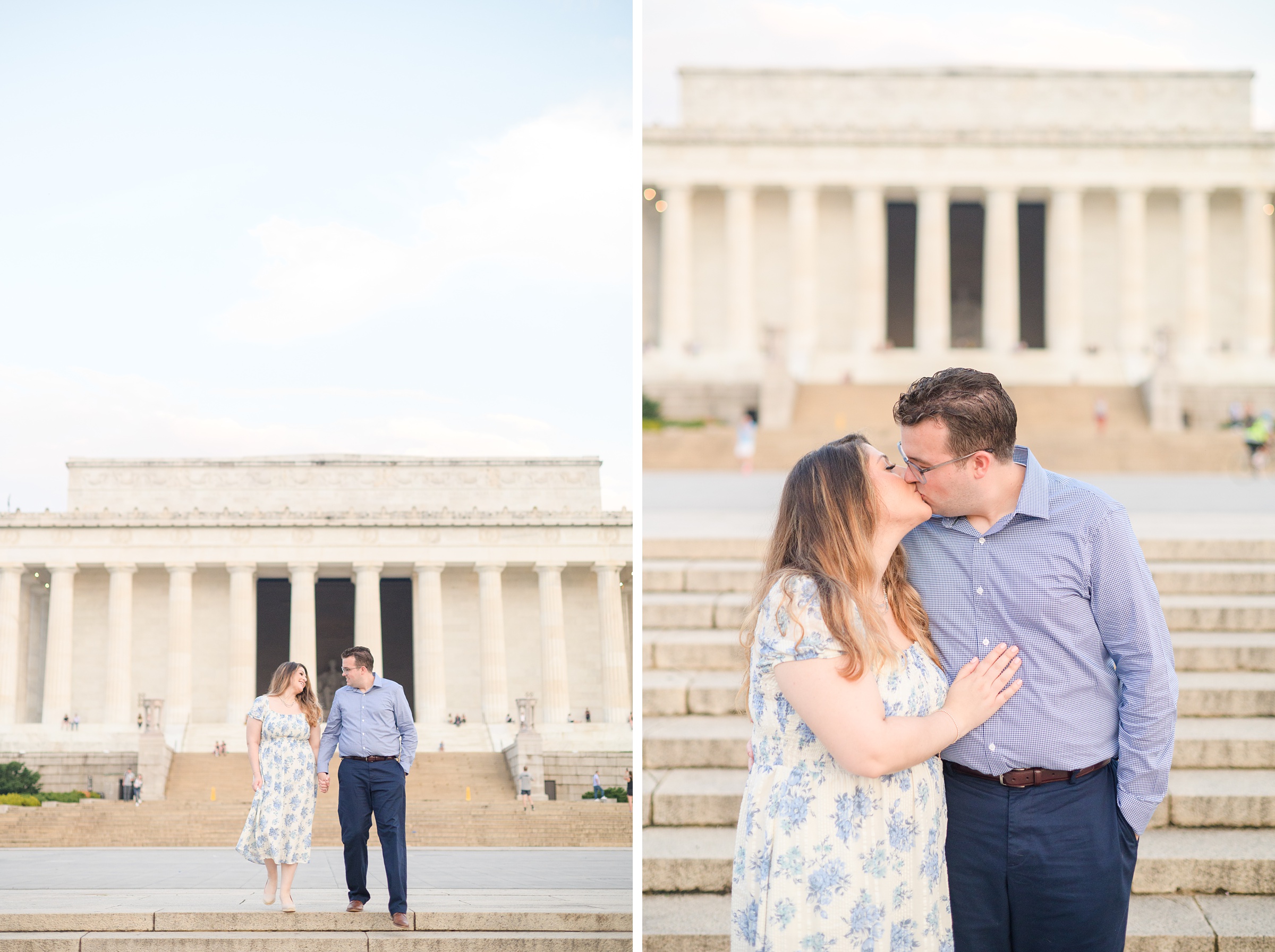 Couple smiles during their engagement photos at the Lincoln Memorial photographed by Baltimore Wedding Photographer, Cait Kramer Photography