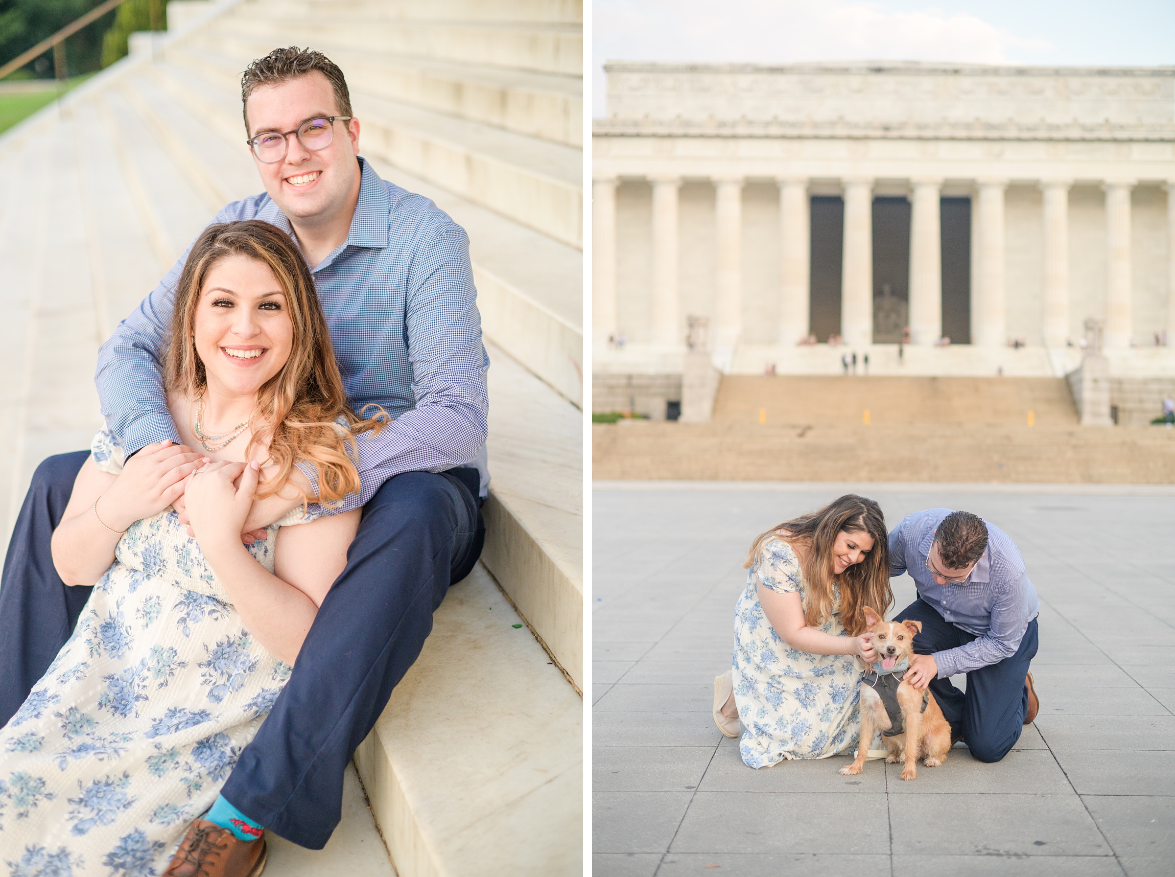 Couple smiles during their engagement photos at the Lincoln Memorial photographed by Baltimore Wedding Photographer, Cait Kramer Photography