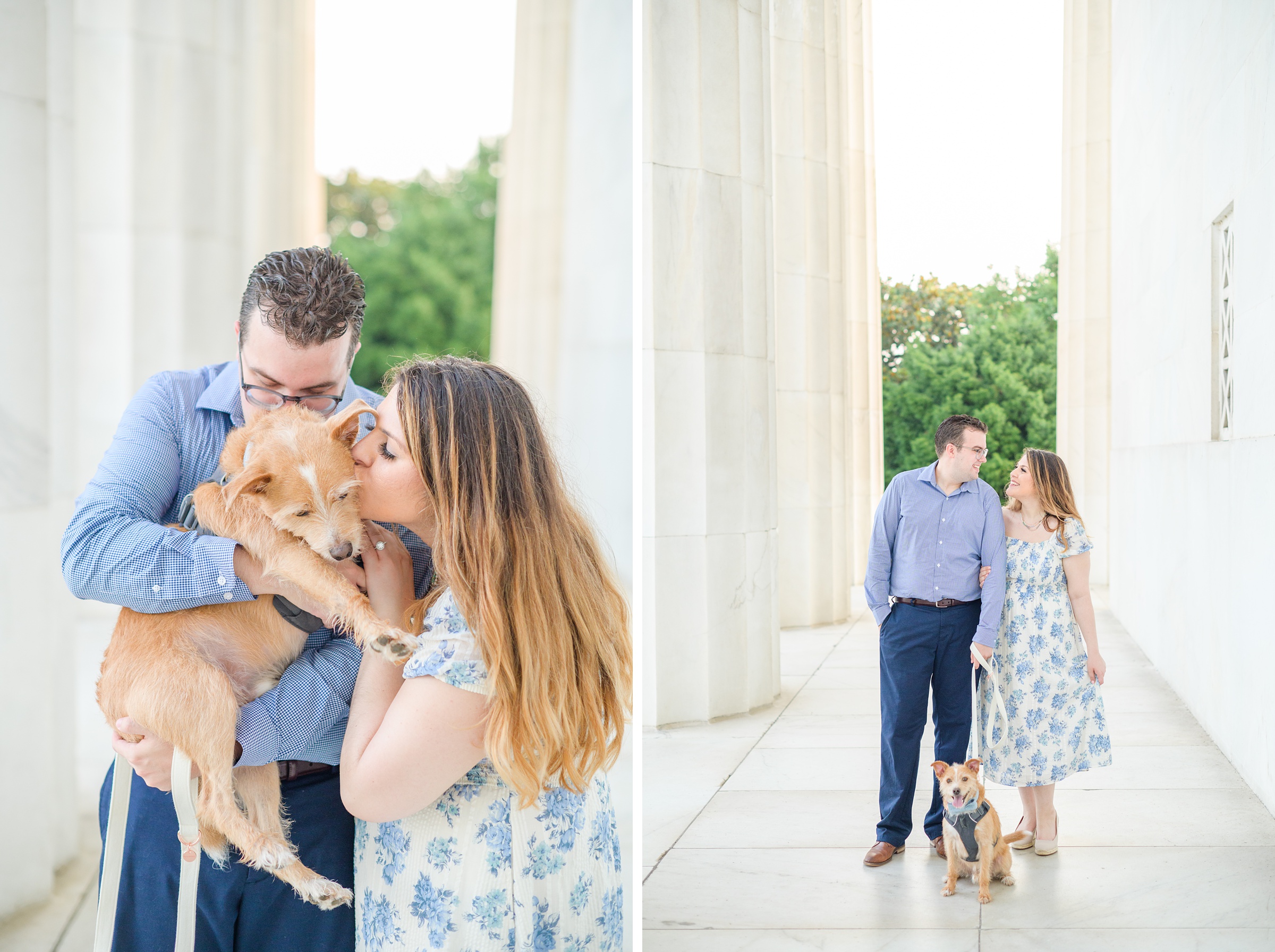 Couple smiles during their engagement photos at the Lincoln Memorial photographed by Baltimore Wedding Photographer, Cait Kramer Photography