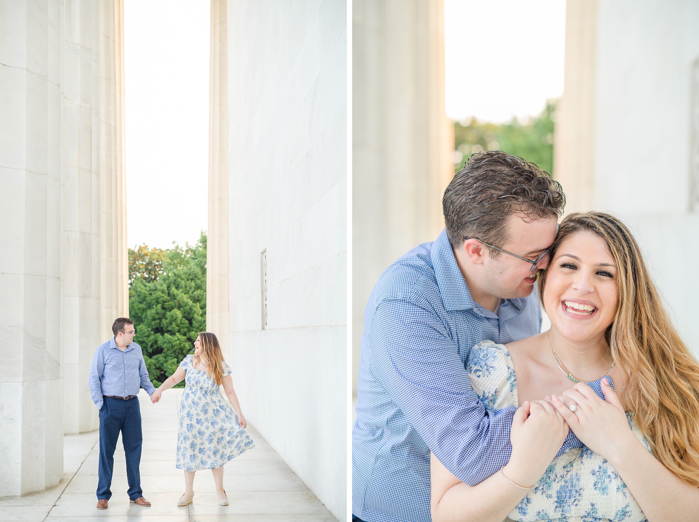 Couple smiles during their engagement photos at the Lincoln Memorial photographed by Baltimore Wedding Photographer, Cait Kramer Photography