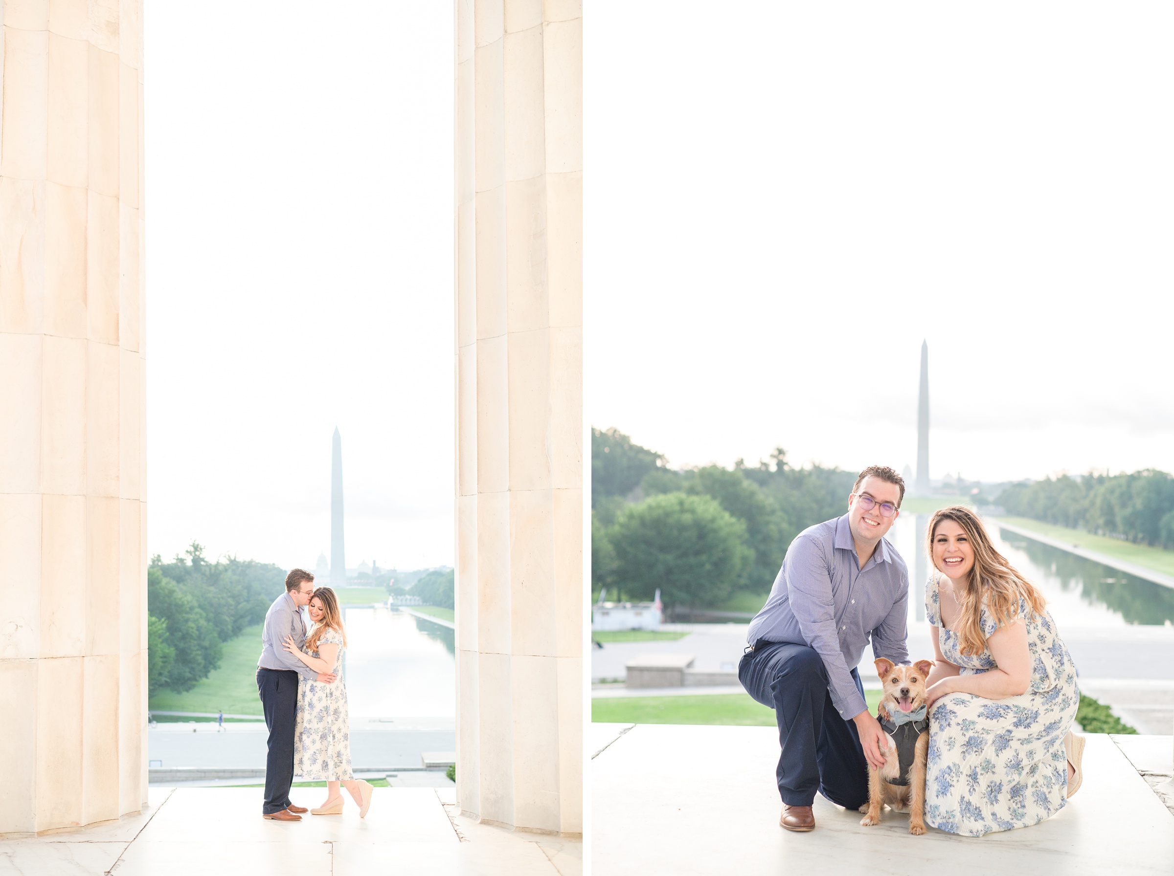 Couple smiles during their engagement photos at the Lincoln Memorial photographed by Baltimore Wedding Photographer, Cait Kramer Photography