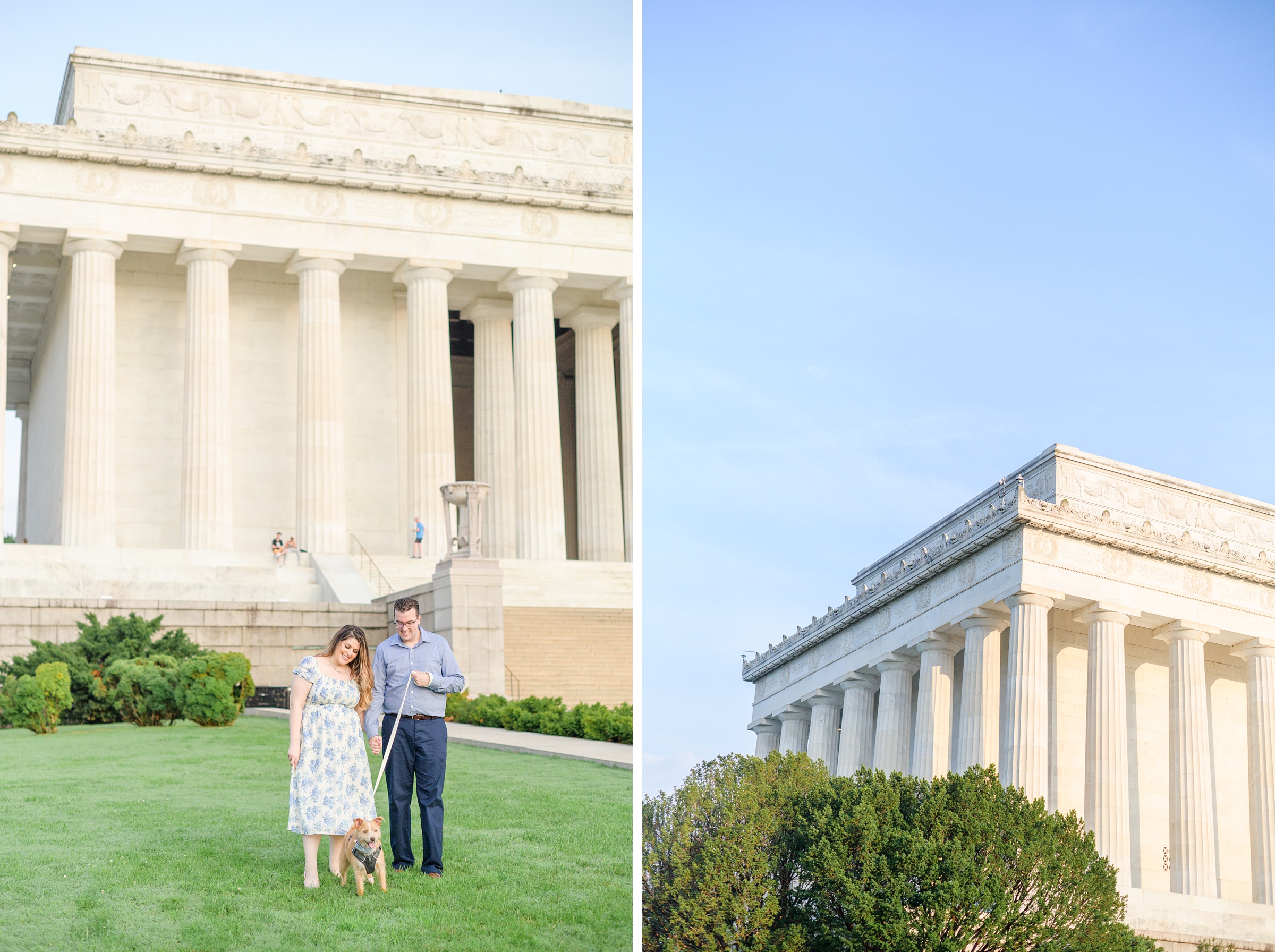 Couple smiles during their engagement photos at the Lincoln Memorial photographed by Baltimore Wedding Photographer, Cait Kramer Photography