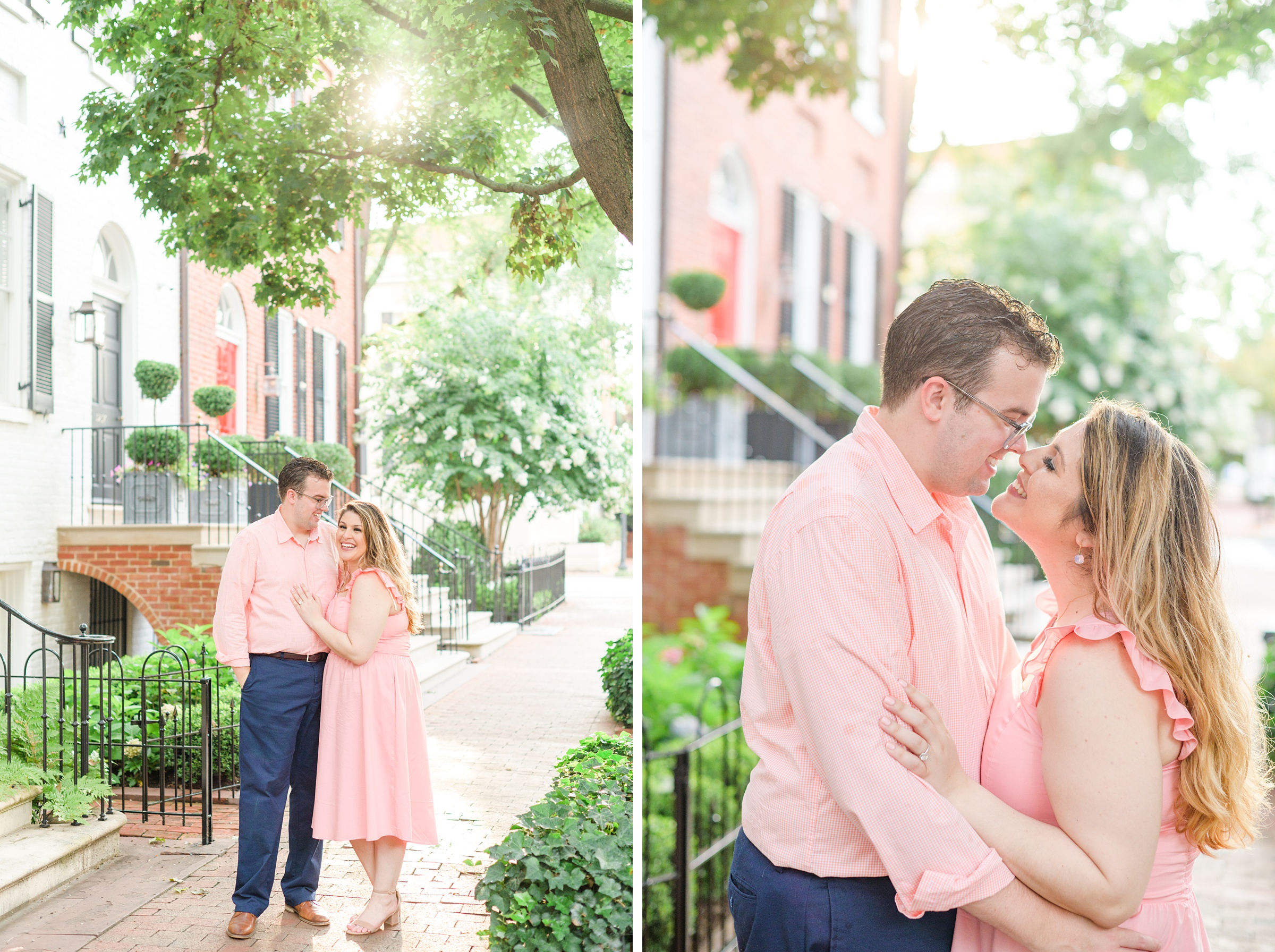 Engaged couple smiles in Georgetown, Washington, DC during engagement session photographed by Baltimore wedding photographer, Cait Kramer Photography