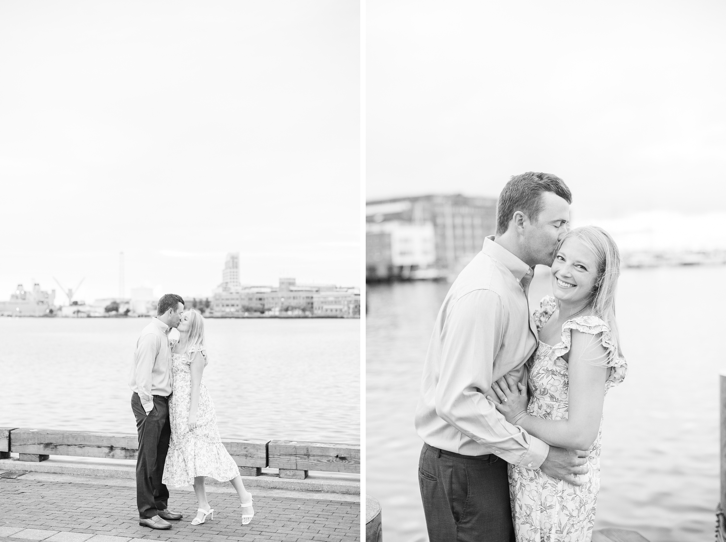 Couple poses on Broadway pier during Fells Point engagement session photographed by Baltimore wedding photographer Cait Kramer