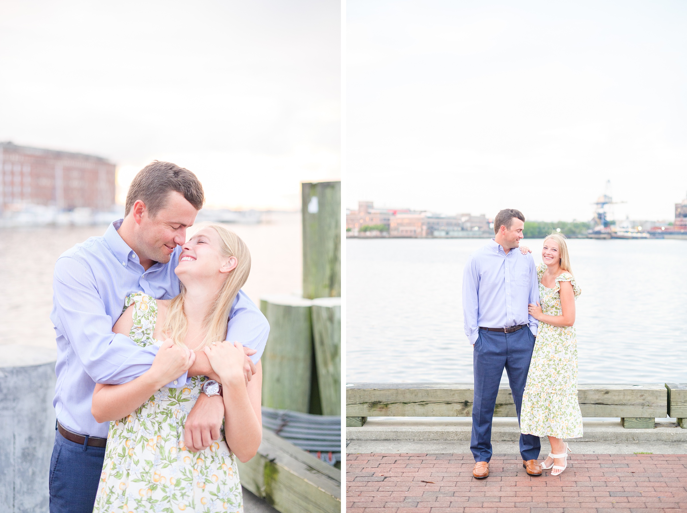 Couple poses on Broadway pier during Fells Point engagement session photographed by Baltimore wedding photographer Cait Kramer