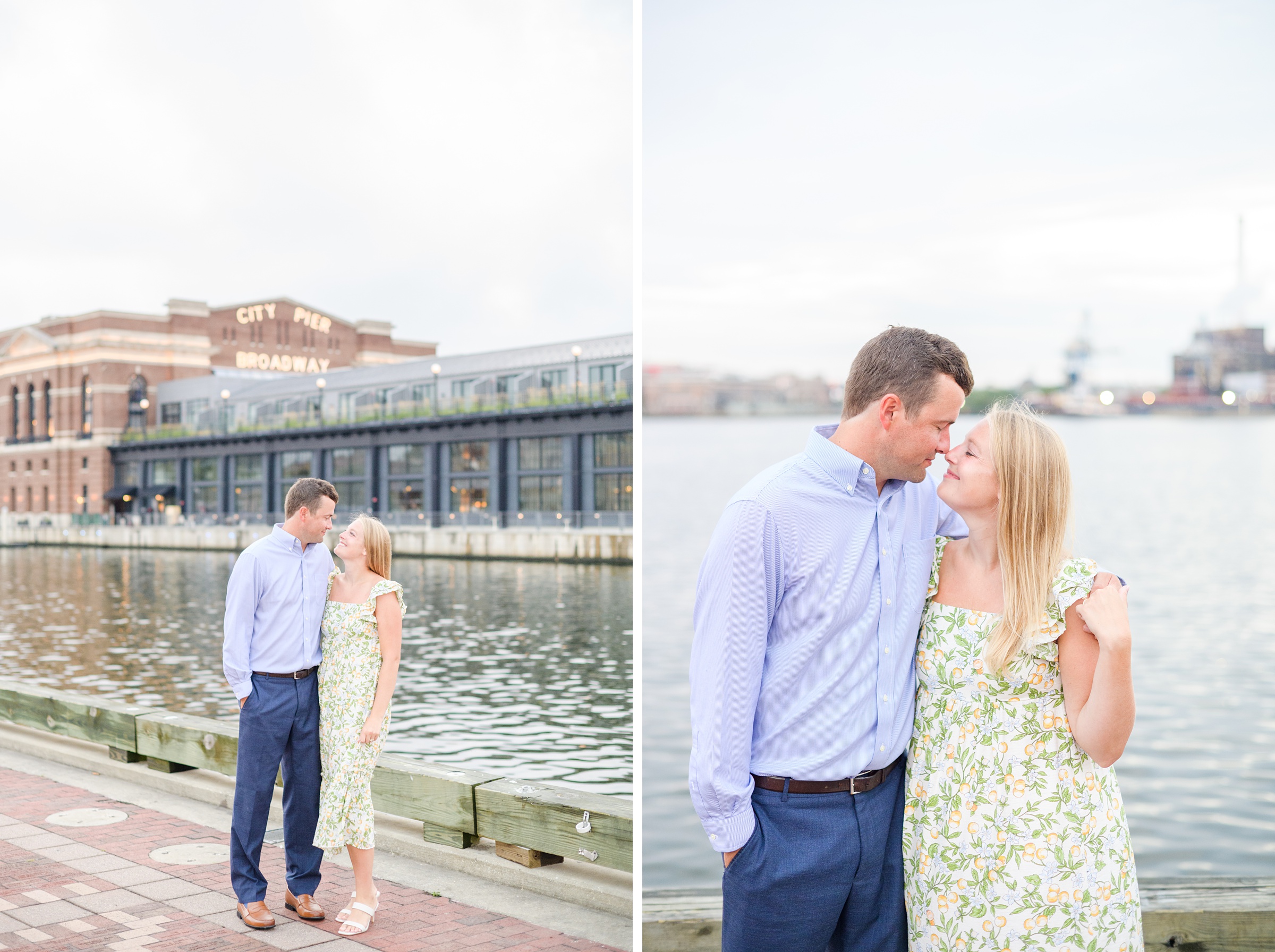 Couple poses on Broadway pier during Fells Point engagement session photographed by Baltimore wedding photographer Cait Kramer