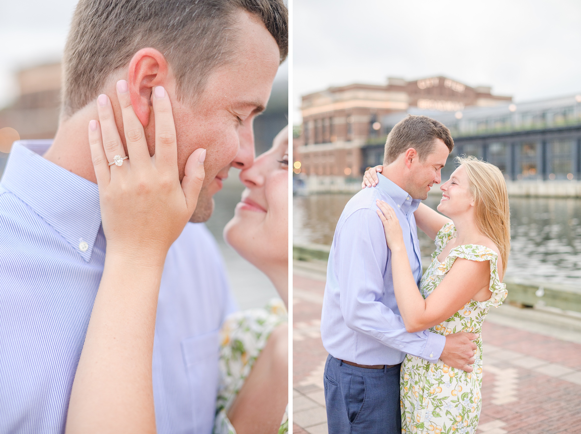 Couple poses on Broadway pier during Fells Point engagement session photographed by Baltimore wedding photographer Cait Kramer