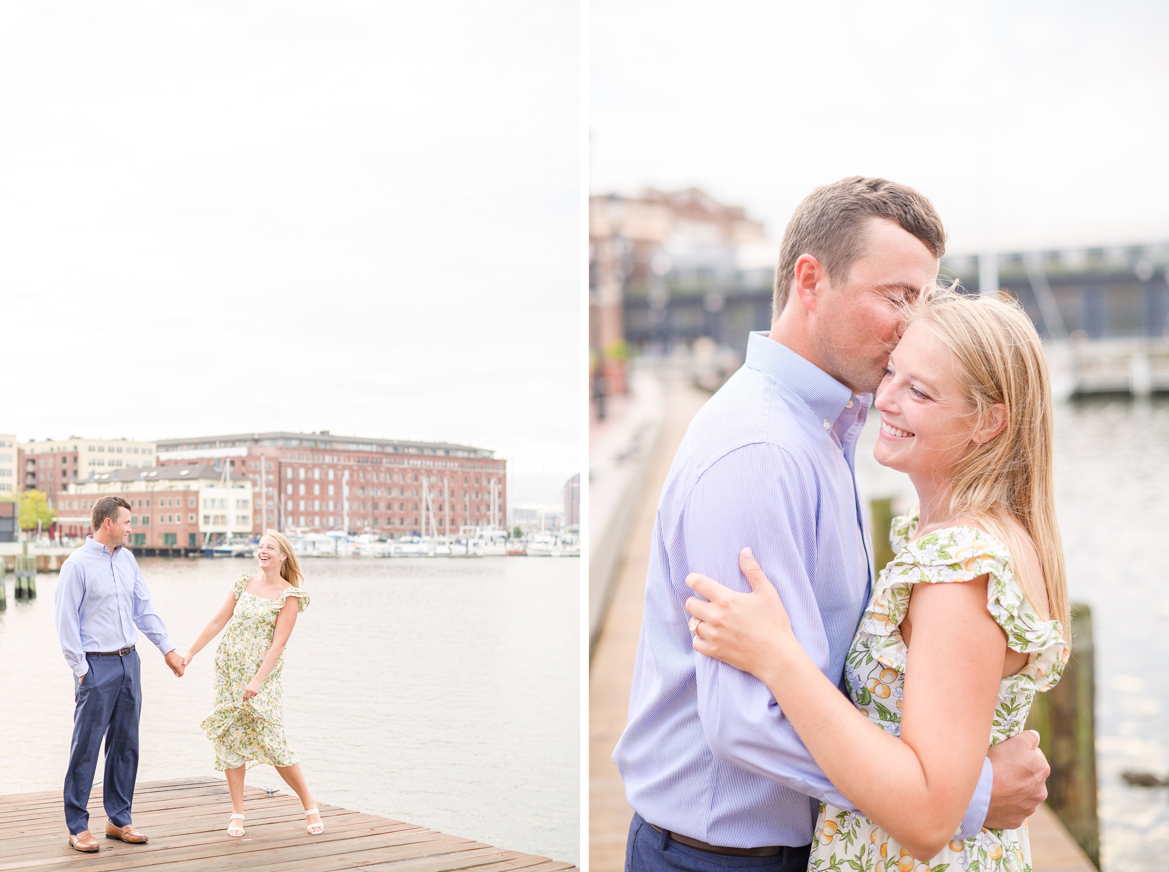 Couple poses near Henderson's Wharf during Fells Point engagement session photographed by Baltimore wedding photographer Cait Kramer