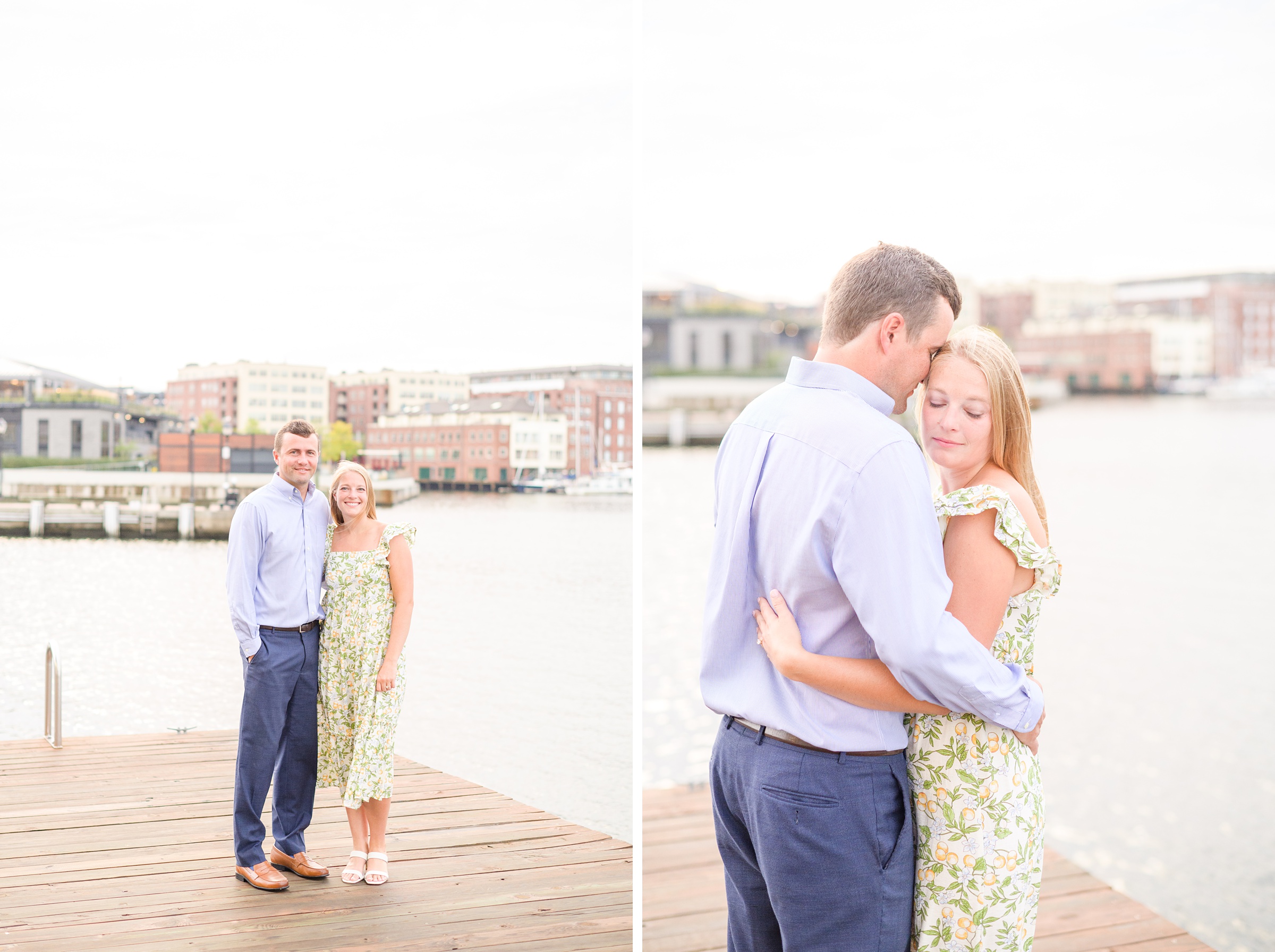 Couple poses near Henderson's Wharf during Fells Point engagement session photographed by Baltimore wedding photographer Cait Kramer