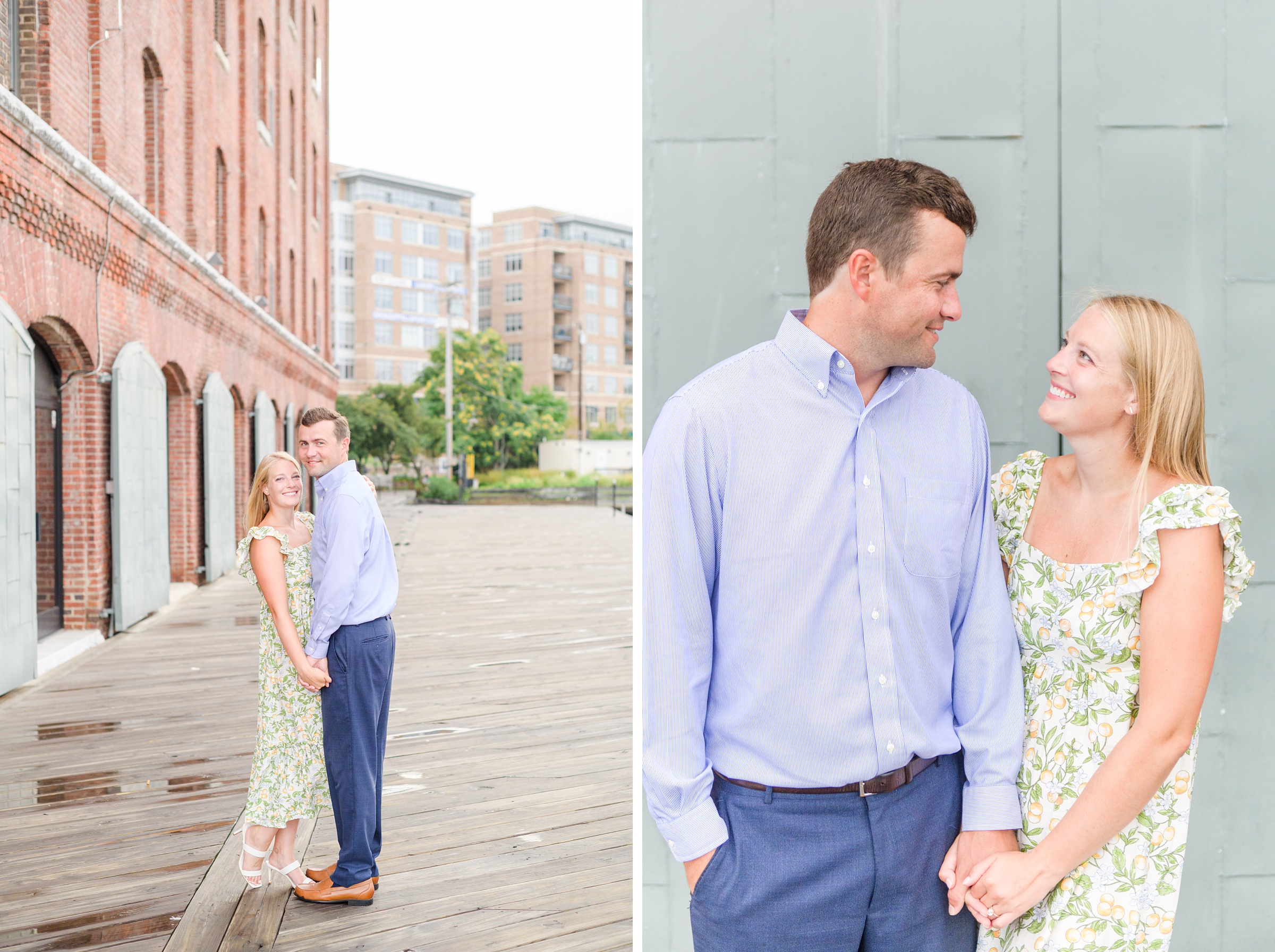 Couple poses near Henderson's Wharf during Fells Point engagement session photographed by Baltimore wedding photographer Cait Kramer