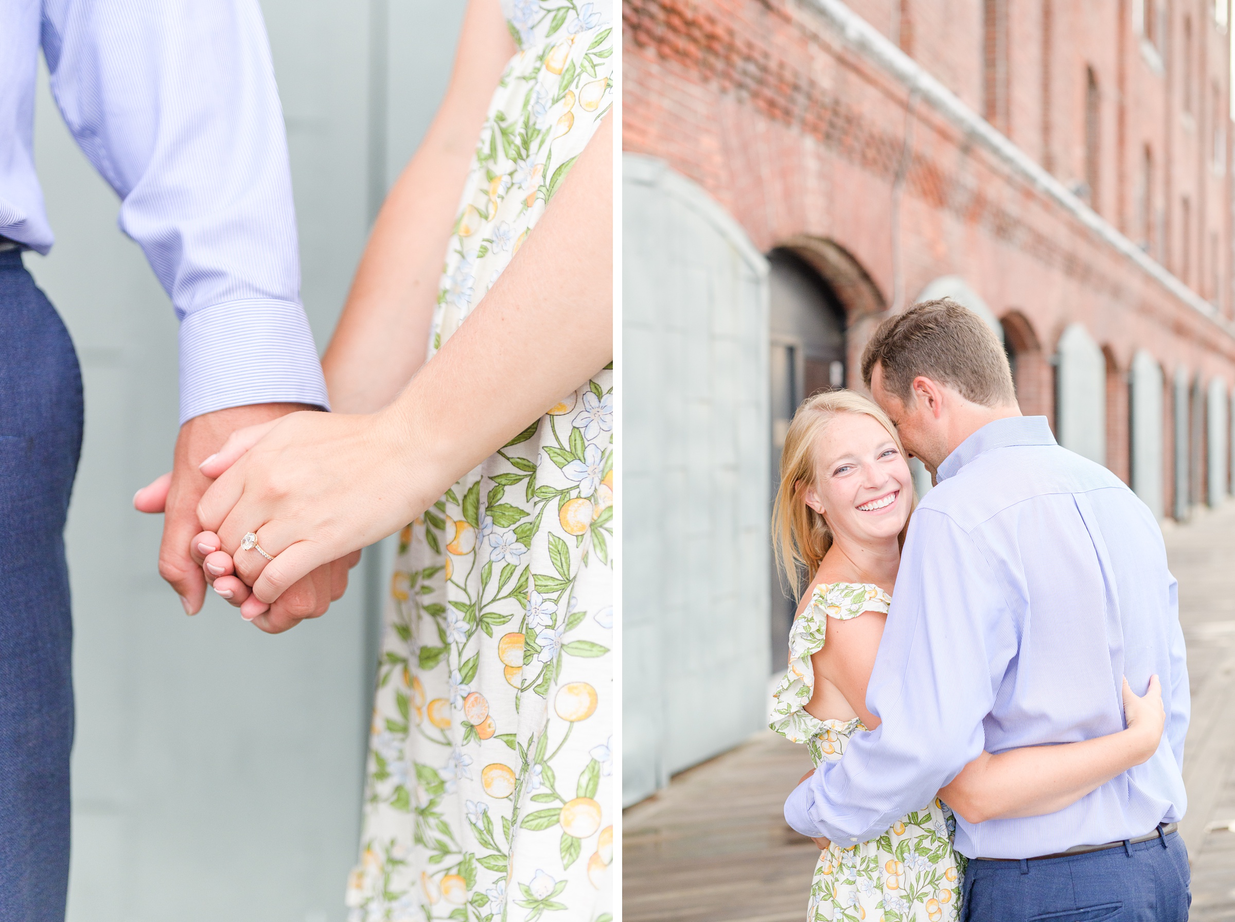 Couple poses near Henderson's Wharf during Fells Point engagement session photographed by Baltimore wedding photographer Cait Kramer