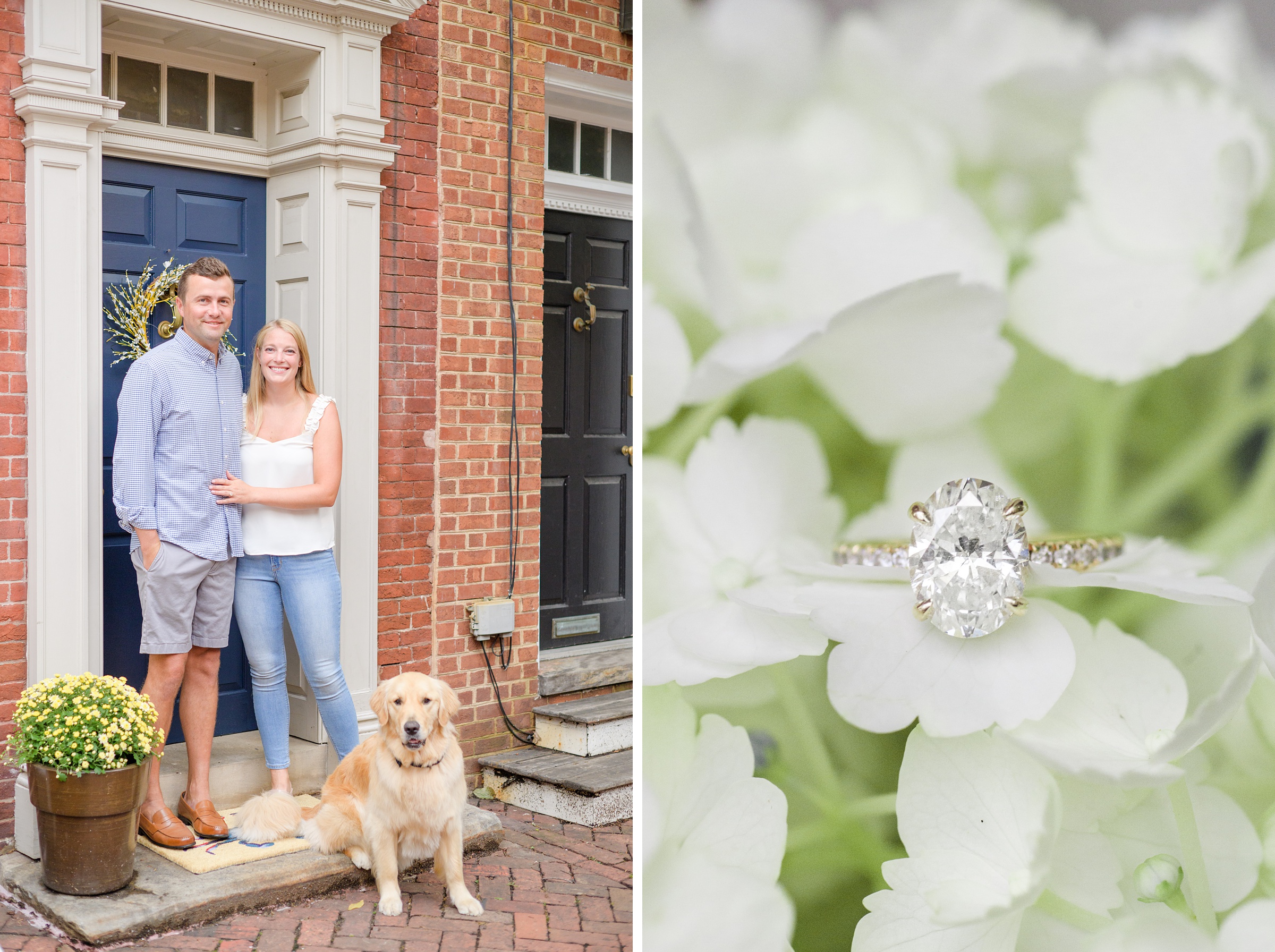 Couple poses on the front stoop of their row home with their dog during Fells Point engagement session photographed by Baltimore wedding photographer Cait Kramer