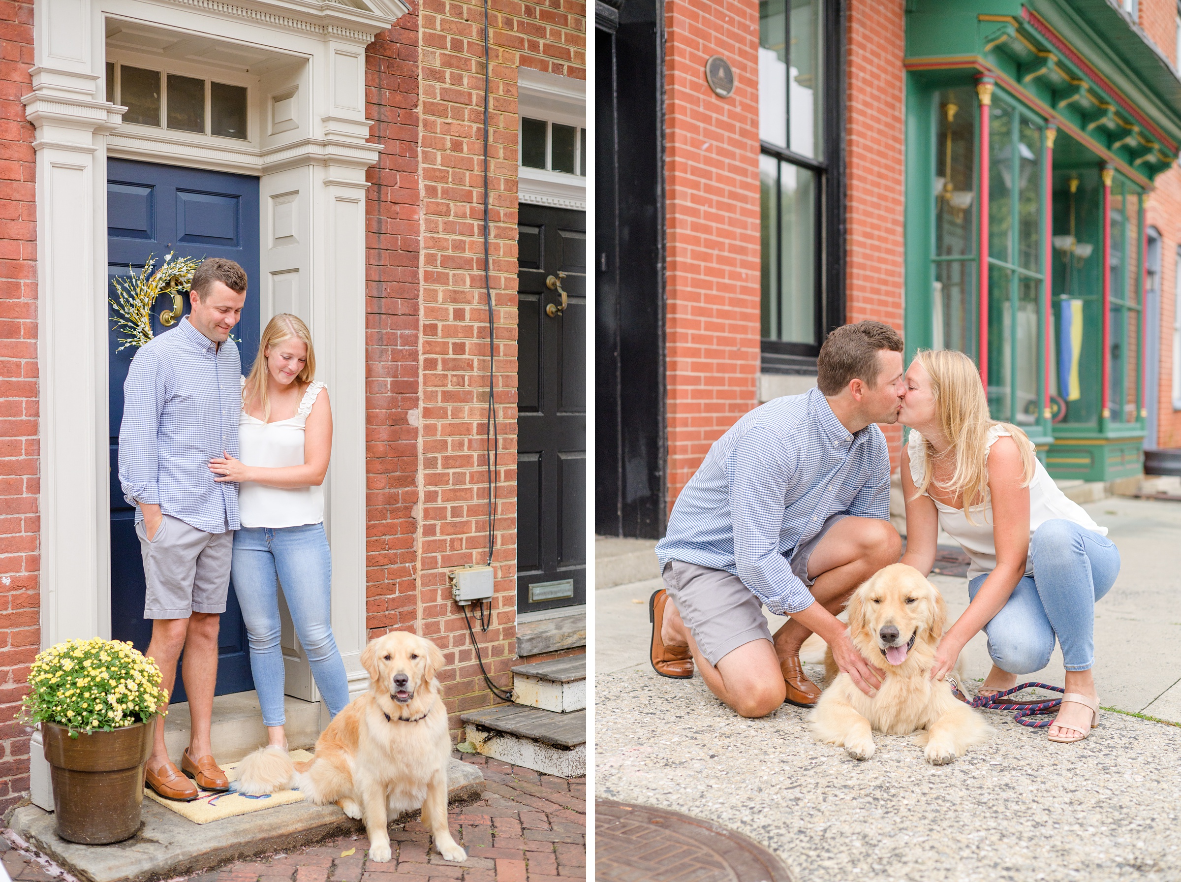 Couple poses in their neighborhood with their dog during Fells Point engagement session photographed by Baltimore wedding photographer Cait Kramer
