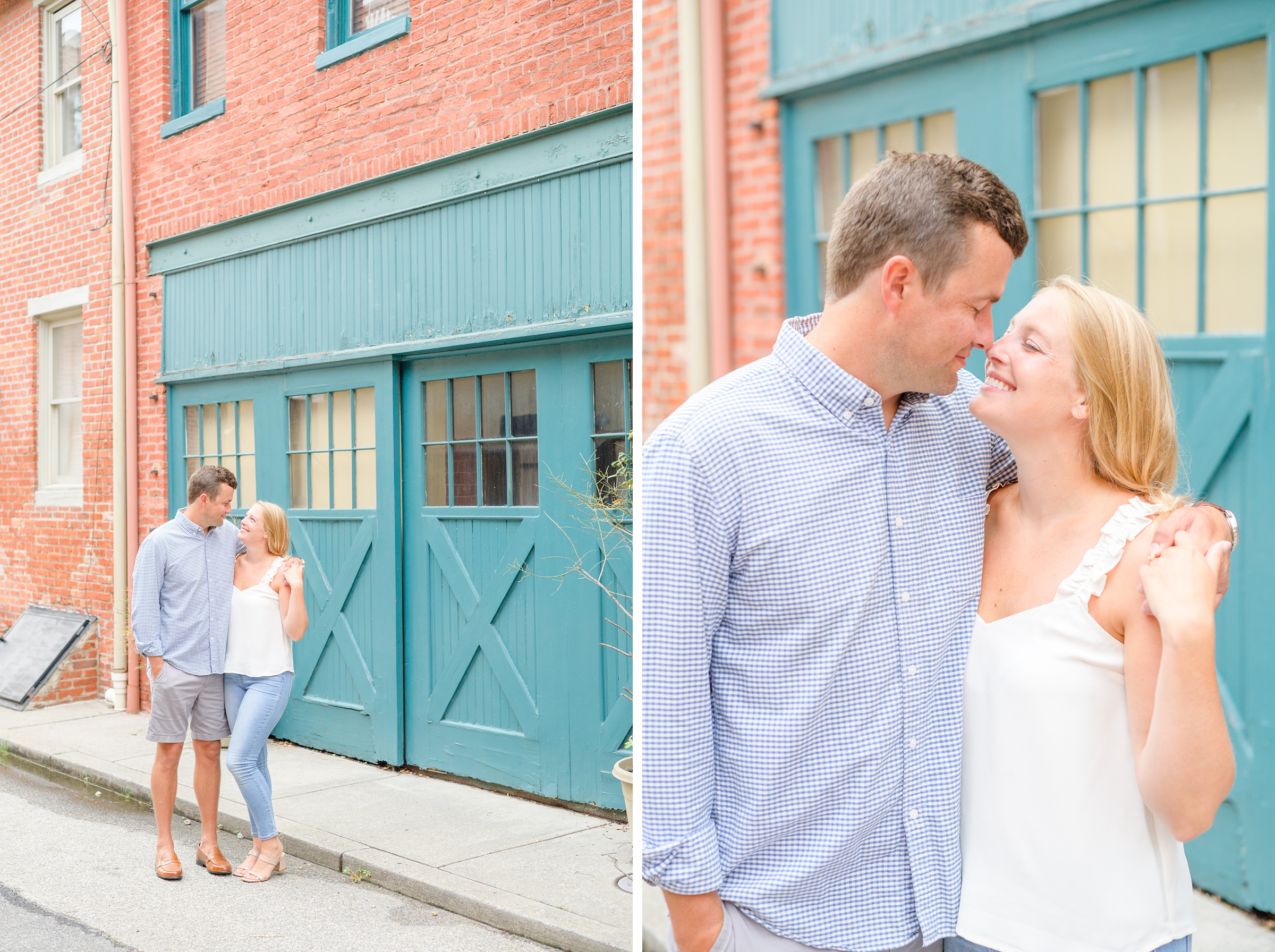 Couple poses in their neighborhood during Fells Point engagement session photographed by Baltimore wedding photographer Cait Kramer