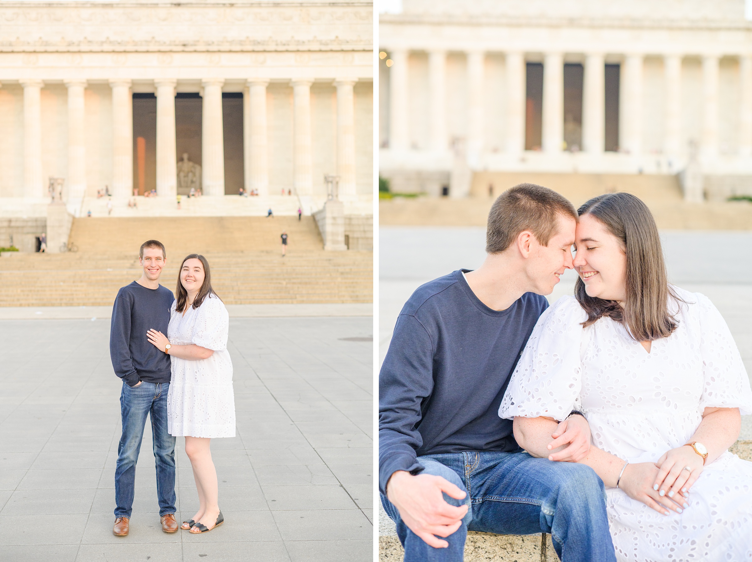 Couple smiles during their Lincoln Memorial engagement photos during session photographed by Baltimore wedding photographer, Cait Kramer