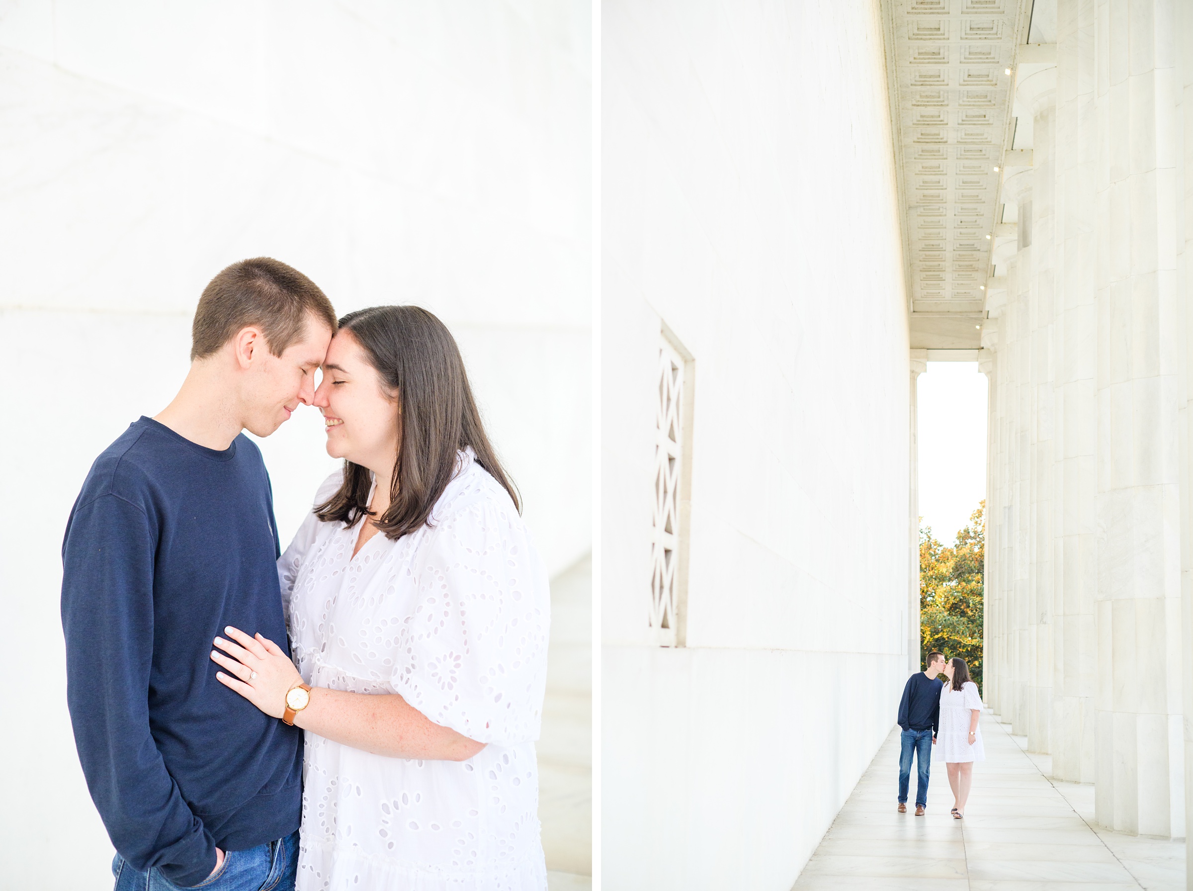 Couple smiles during their Lincoln Memorial engagement photos during session photographed by Baltimore wedding photographer, Cait Kramer