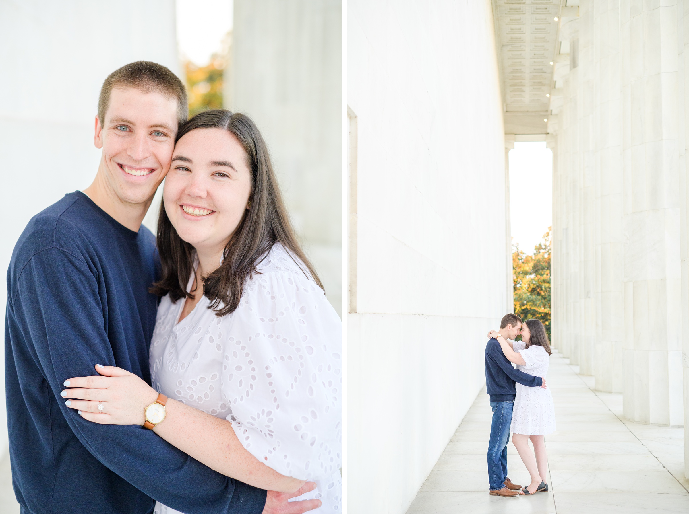 Couple smiles during their Lincoln Memorial engagement photos during session photographed by Baltimore wedding photographer, Cait Kramer