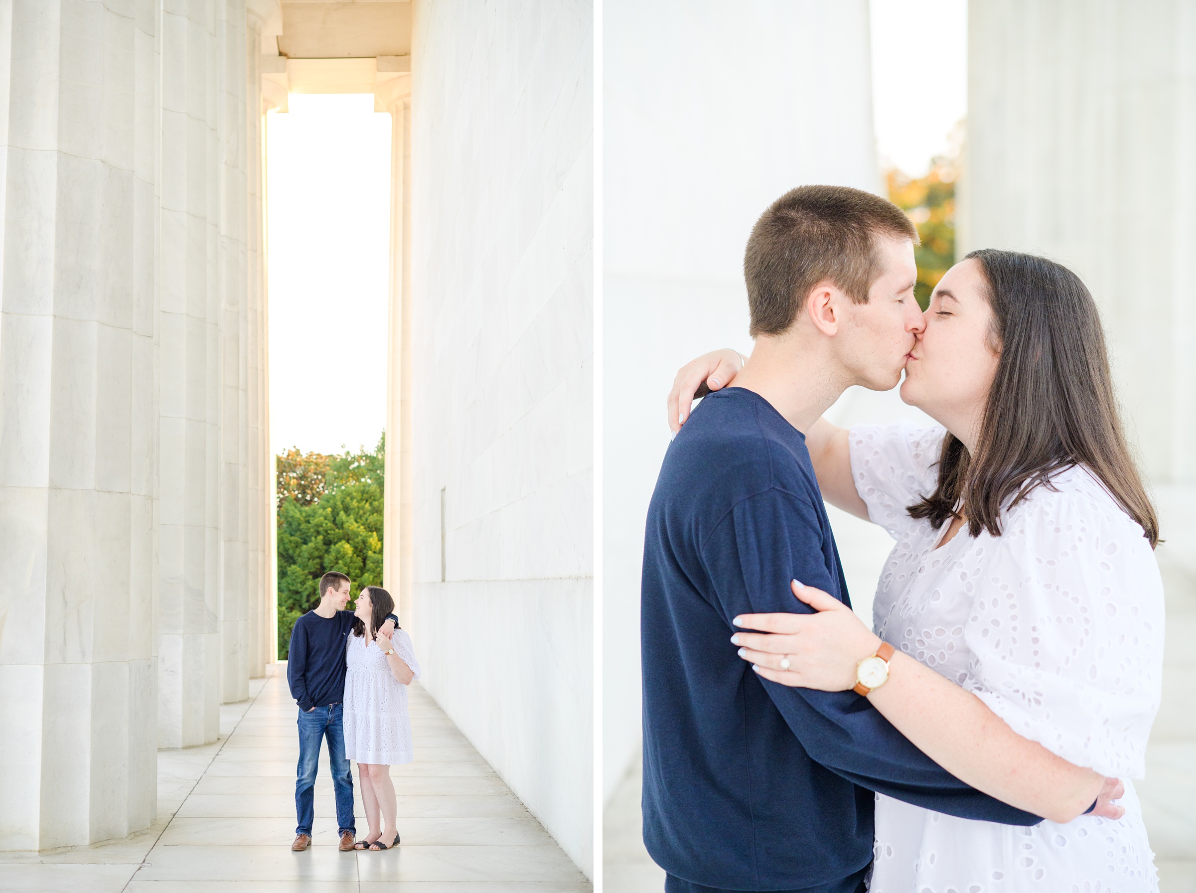 Couple smiles during their Lincoln Memorial engagement photos during session photographed by Baltimore wedding photographer, Cait Kramer