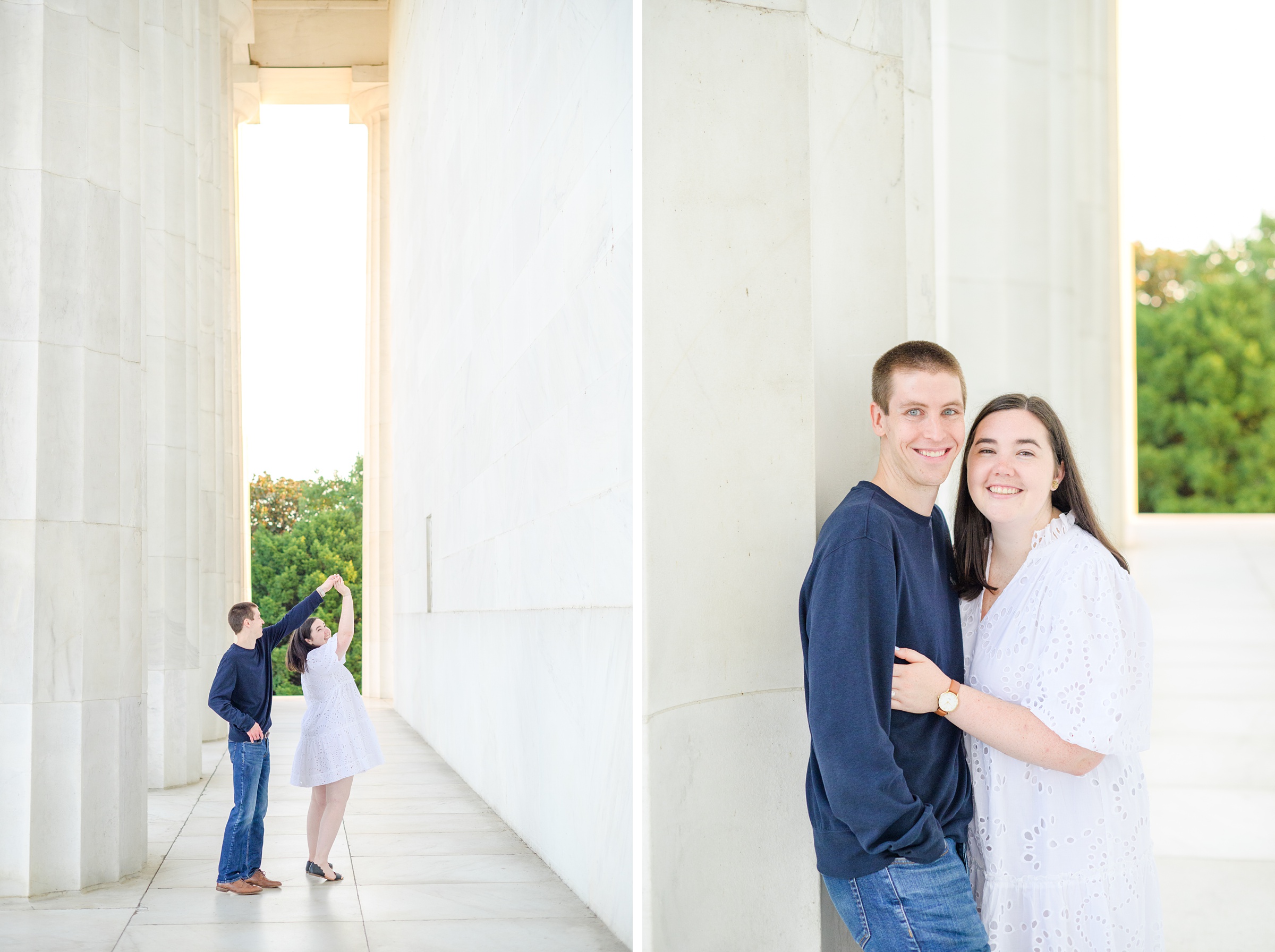 Couple smiles during their Lincoln Memorial engagement photos during session photographed by Baltimore wedding photographer, Cait Kramer