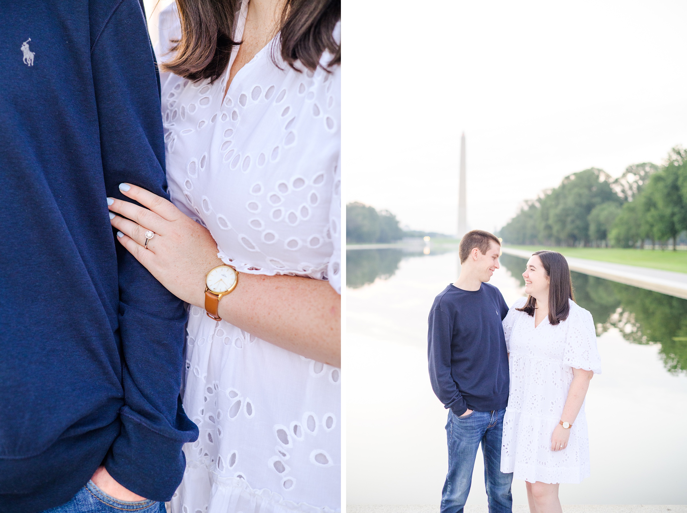 Couple smiles during their Lincoln Memorial engagement photos during session photographed by Baltimore wedding photographer, Cait Kramer