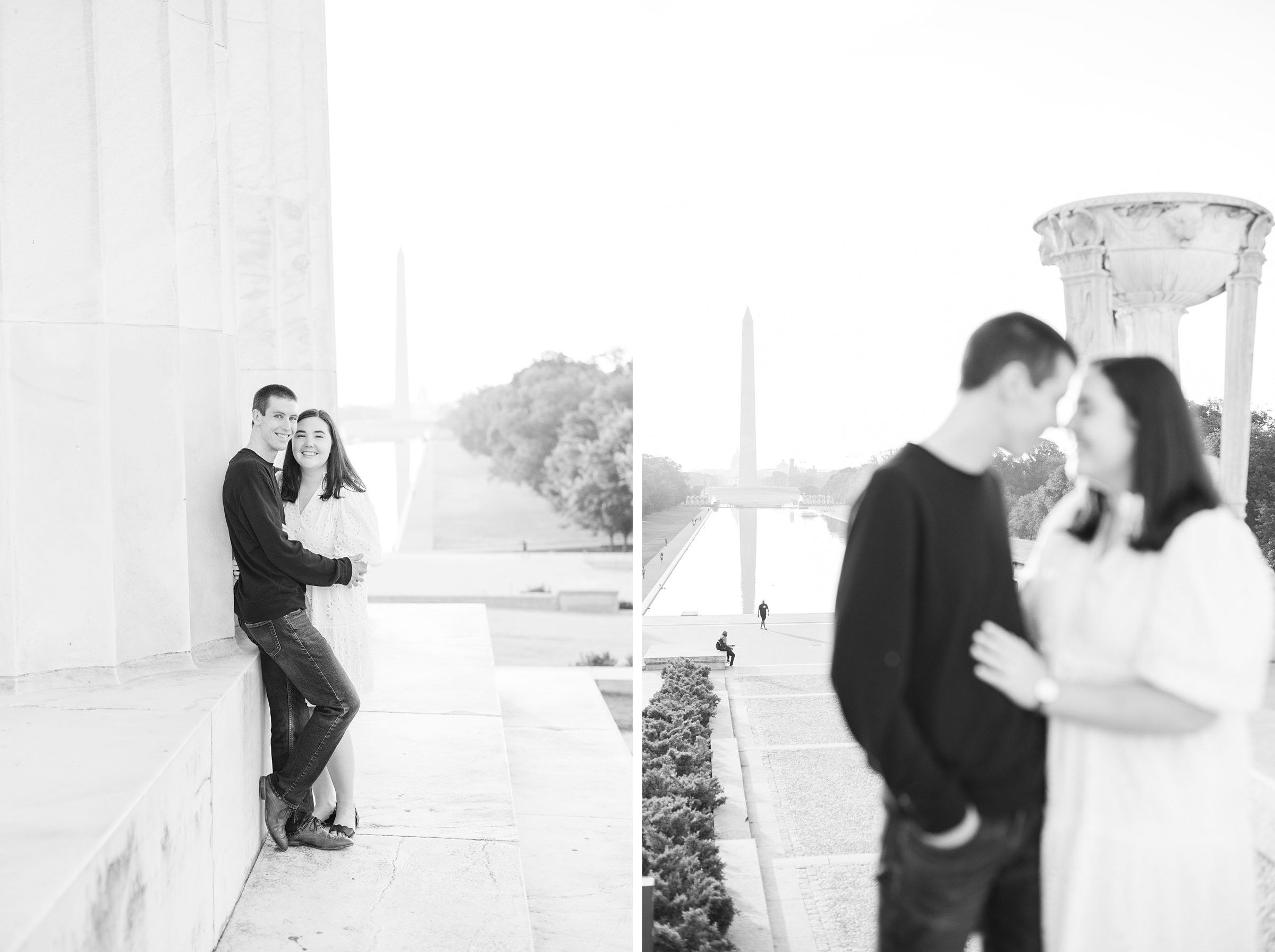 Couple smiles during their Lincoln Memorial engagement photos during session photographed by Baltimore wedding photographer, Cait Kramer