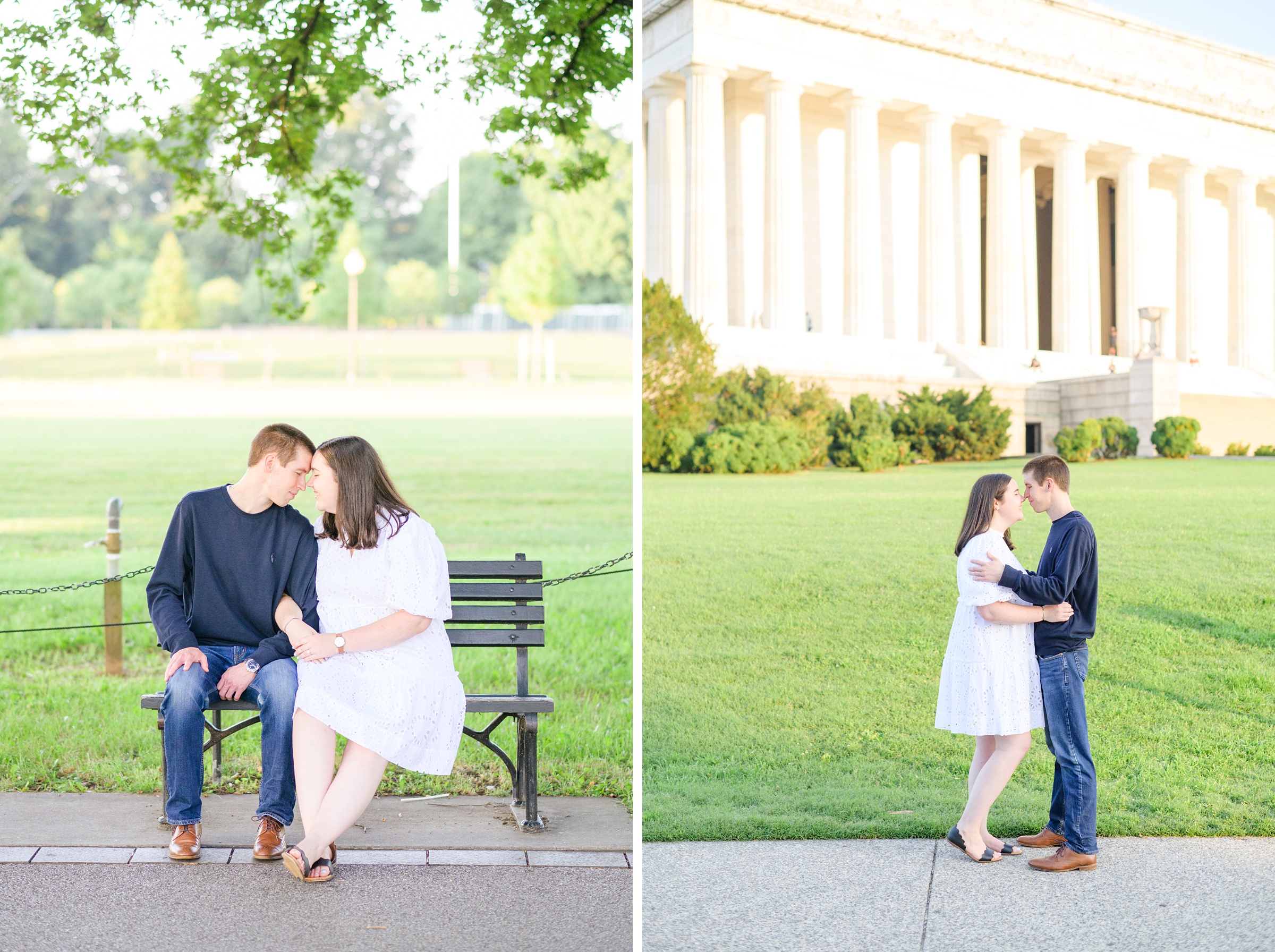 Couple smiles during their Lincoln Memorial engagement photos during session photographed by Baltimore wedding photographer, Cait Kramer