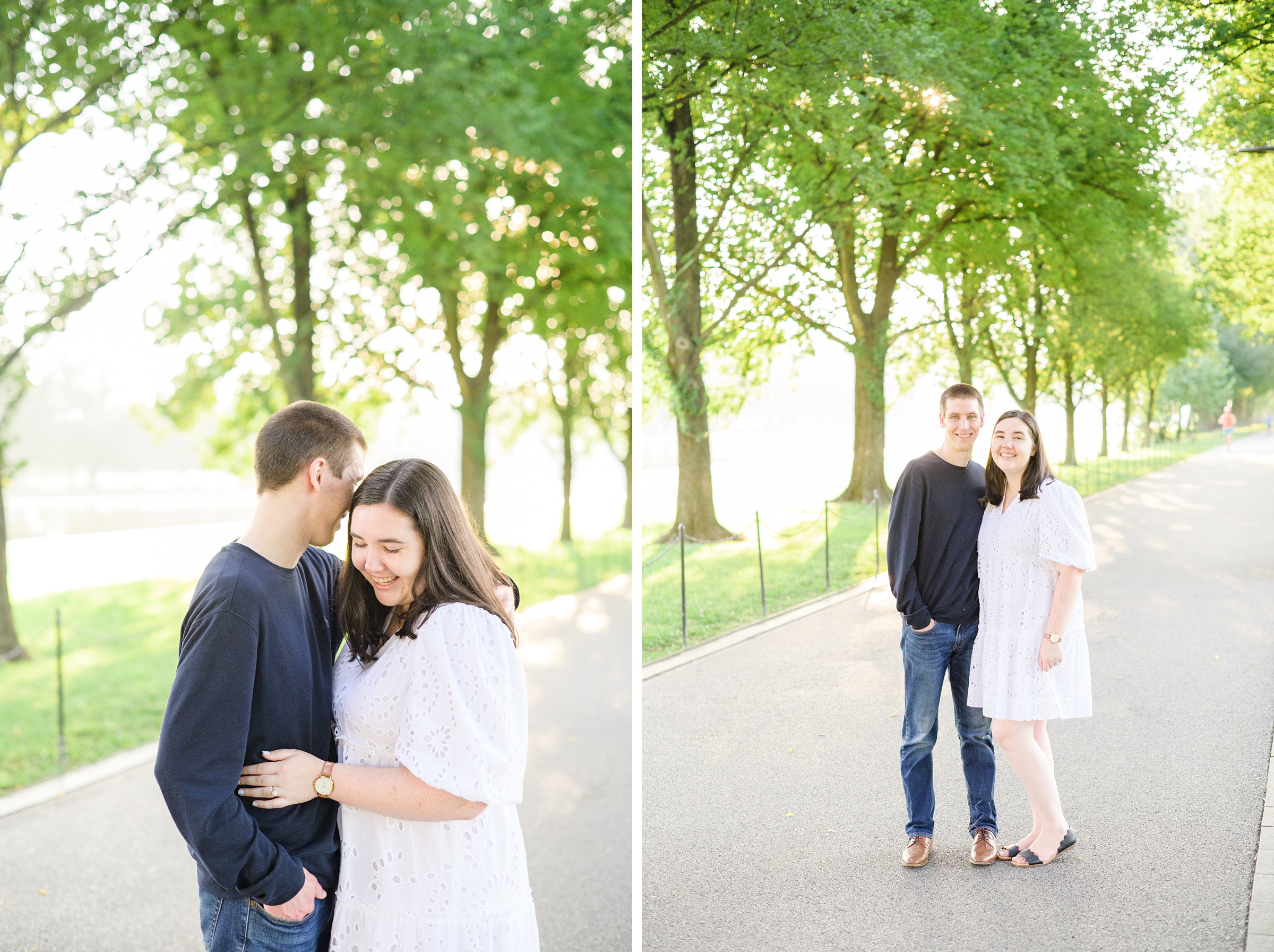 Couple smiles during their Lincoln Memorial engagement photos during session photographed by Baltimore wedding photographer, Cait Kramer