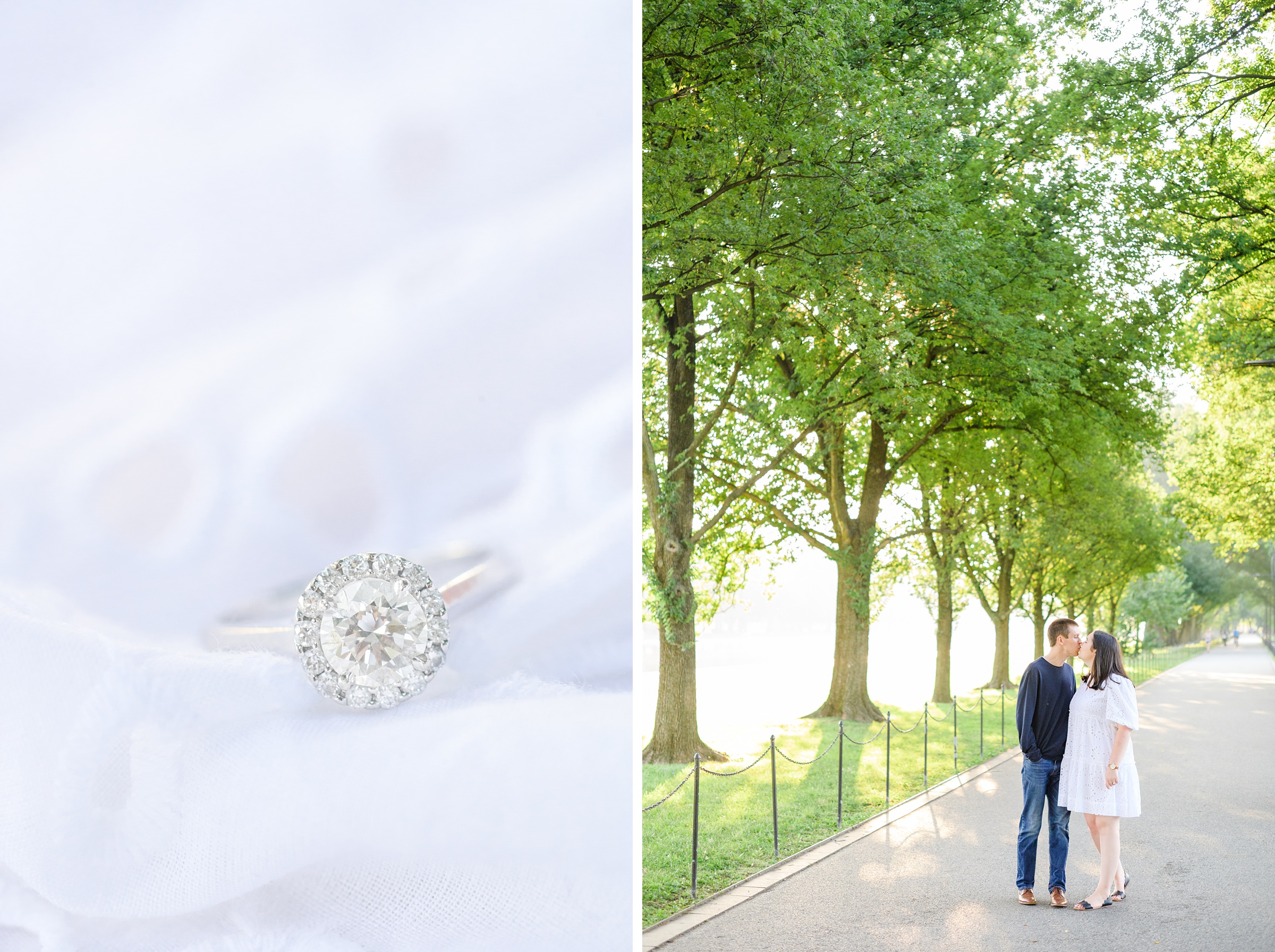 Couple smiles during their Lincoln Memorial engagement photos during session photographed by Baltimore wedding photographer, Cait Kramer