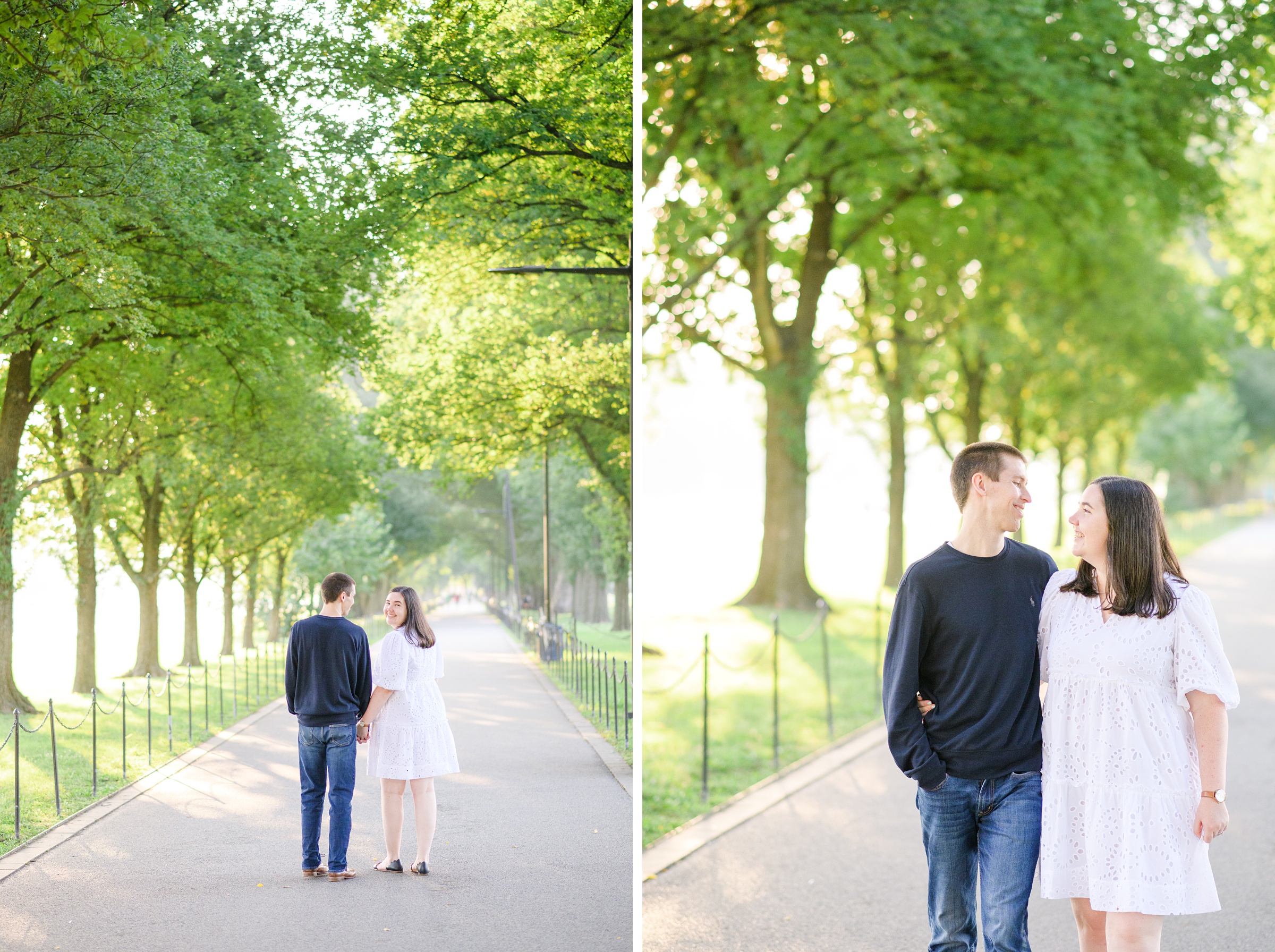 Couple smiles during their Lincoln Memorial engagement photos during session photographed by Baltimore wedding photographer, Cait Kramer