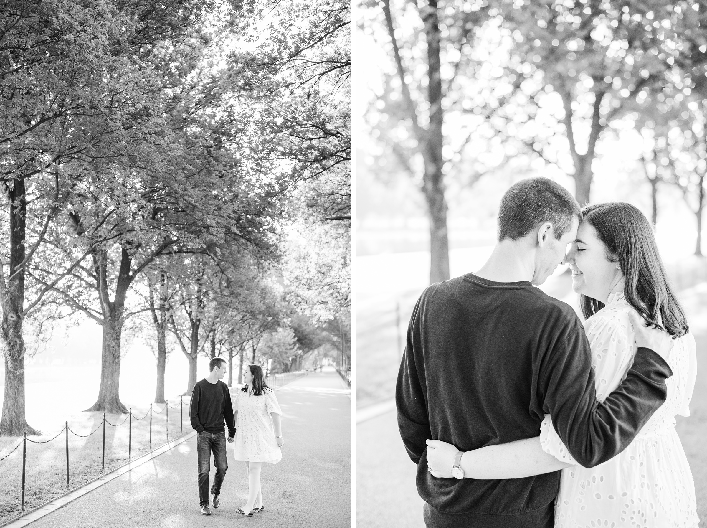 Couple smiles during their Lincoln Memorial engagement photos during session photographed by Baltimore wedding photographer, Cait Kramer