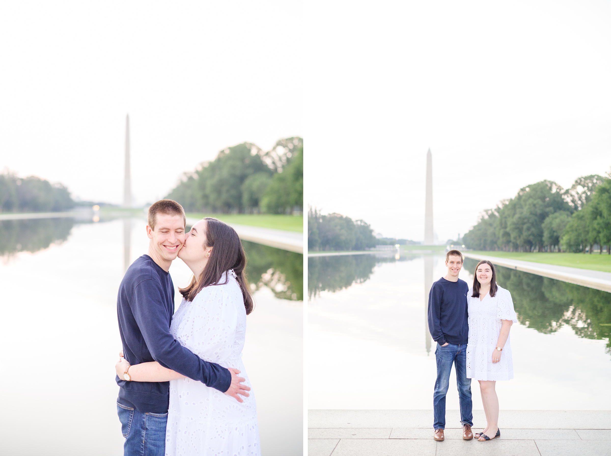 Couple smiles during their Lincoln Memorial engagement photos during session photographed by Baltimore wedding photographer, Cait Kramer