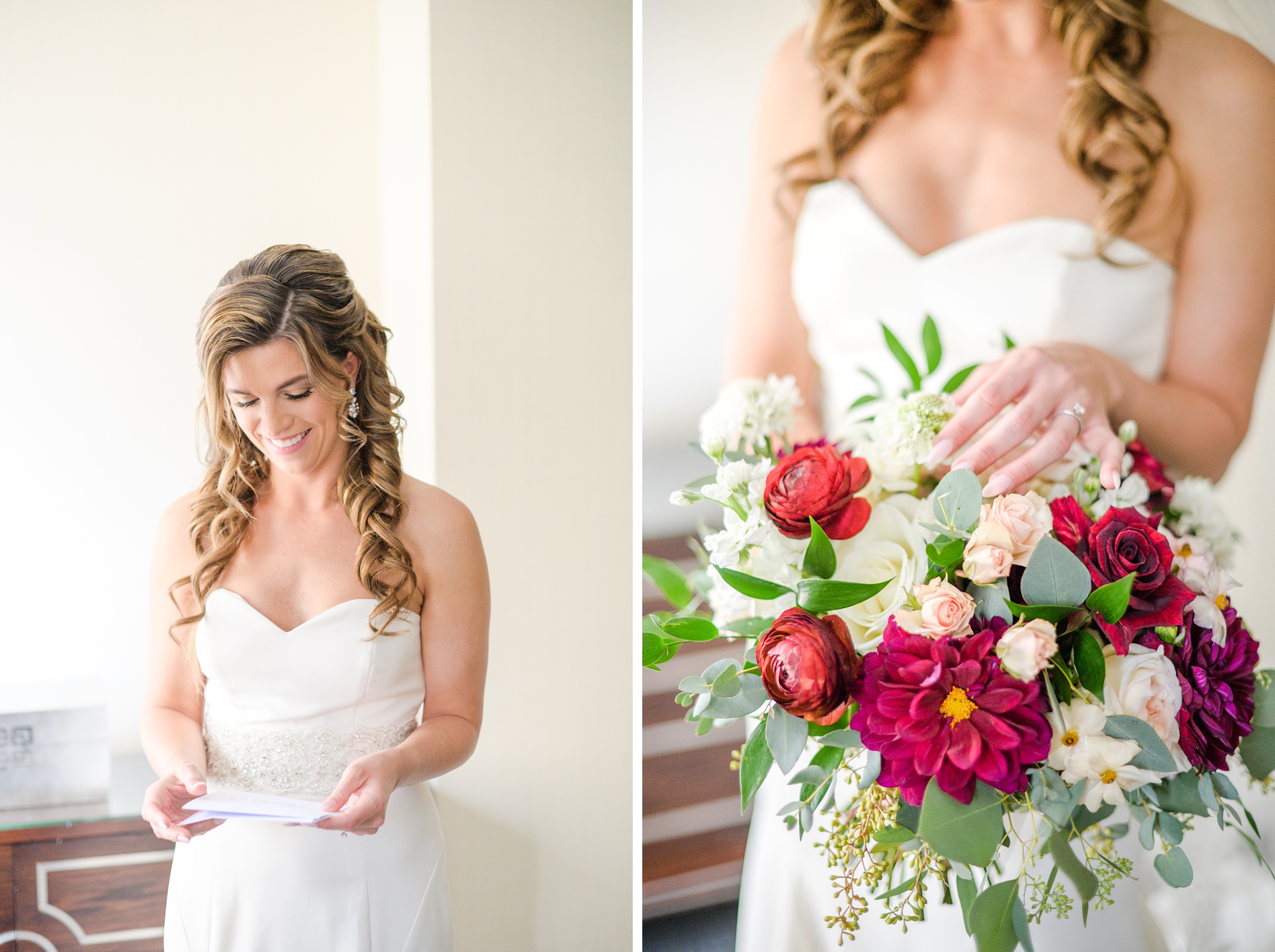 Burgundy and white Fall wedding day portraits and details featuring Mayflower Hotel DC wedding photos photographed by Baltimore wedding photographer Cait Kramer Photography