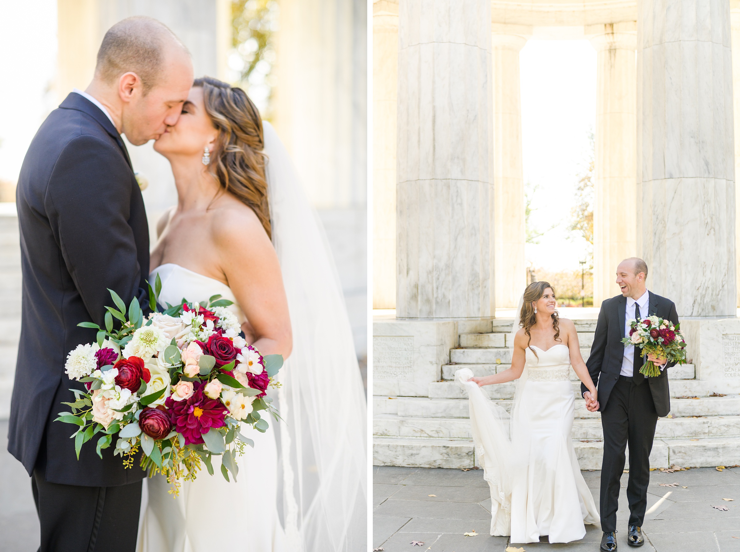 Burgundy and white Fall wedding day portraits and details featuring Mayflower Hotel DC wedding photos photographed by Baltimore wedding photographer Cait Kramer Photography