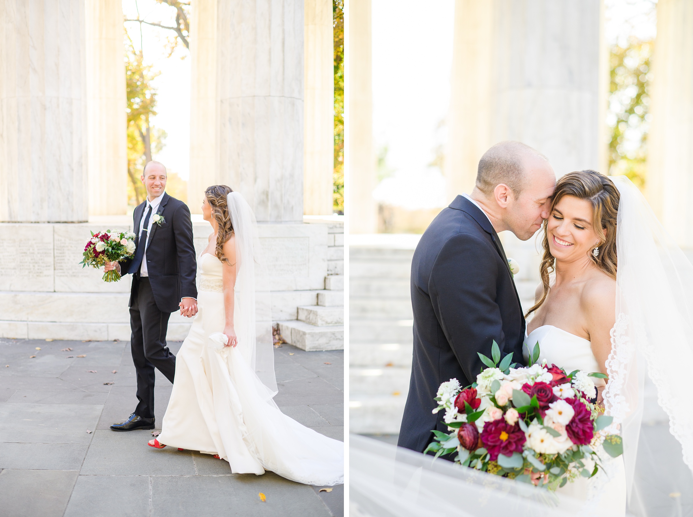 Burgundy and white Fall wedding day portraits and details featuring Mayflower Hotel DC wedding photos photographed by Baltimore wedding photographer Cait Kramer Photography