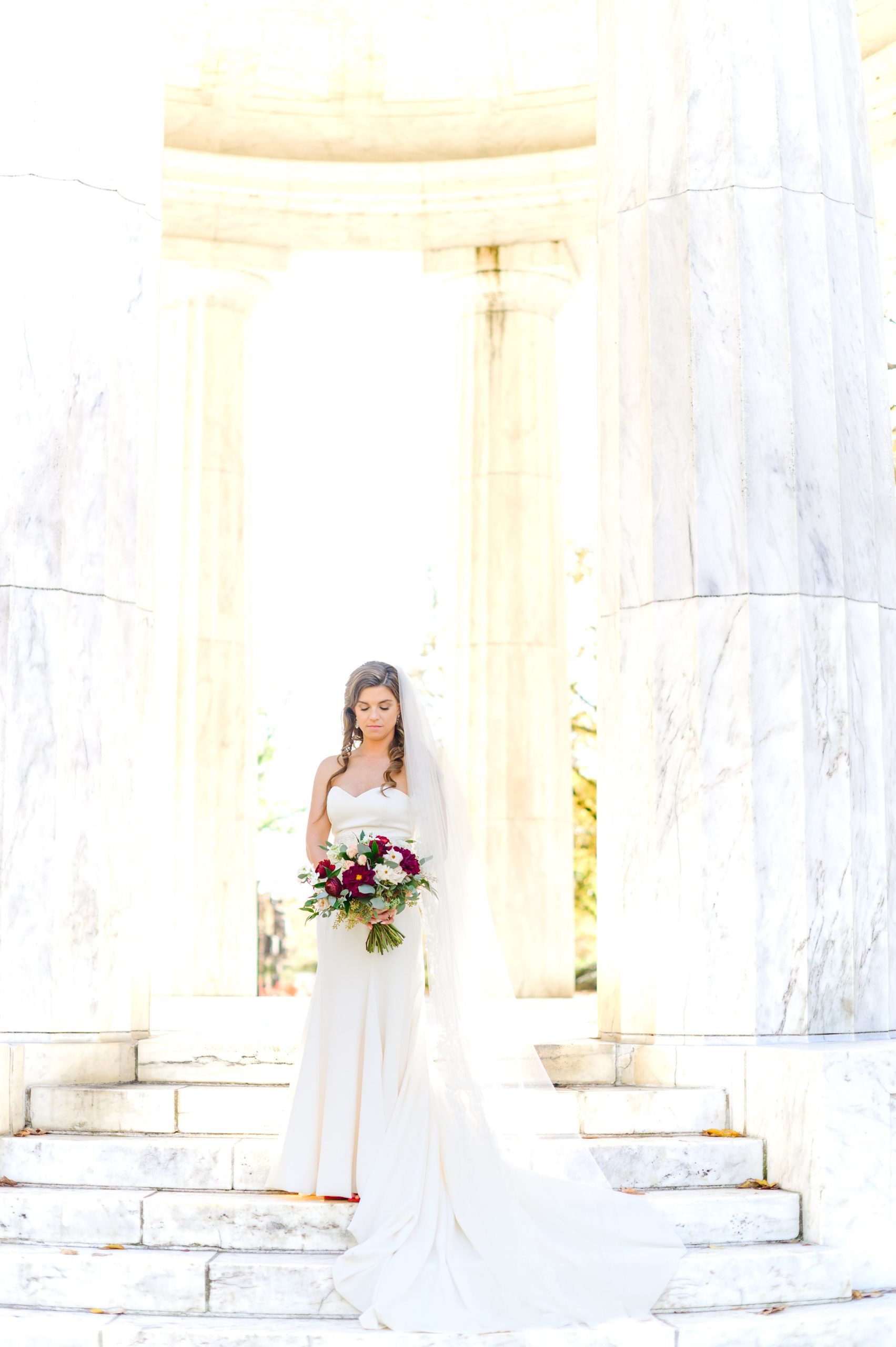 Burgundy and white Fall wedding day portraits and details featuring Mayflower Hotel DC wedding photos photographed by Baltimore wedding photographer Cait Kramer Photography