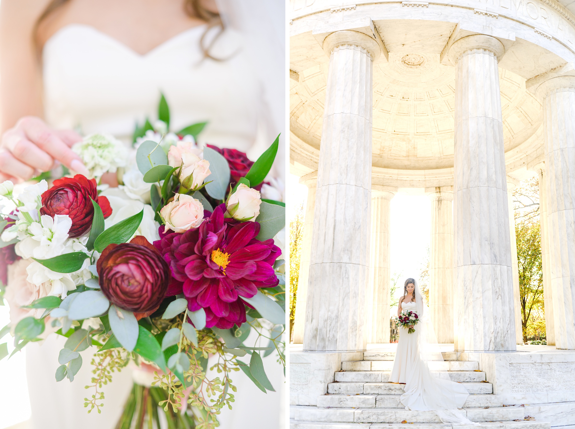 Burgundy and white Fall wedding day portraits and details featuring Mayflower Hotel DC wedding photos photographed by Baltimore wedding photographer Cait Kramer Photography