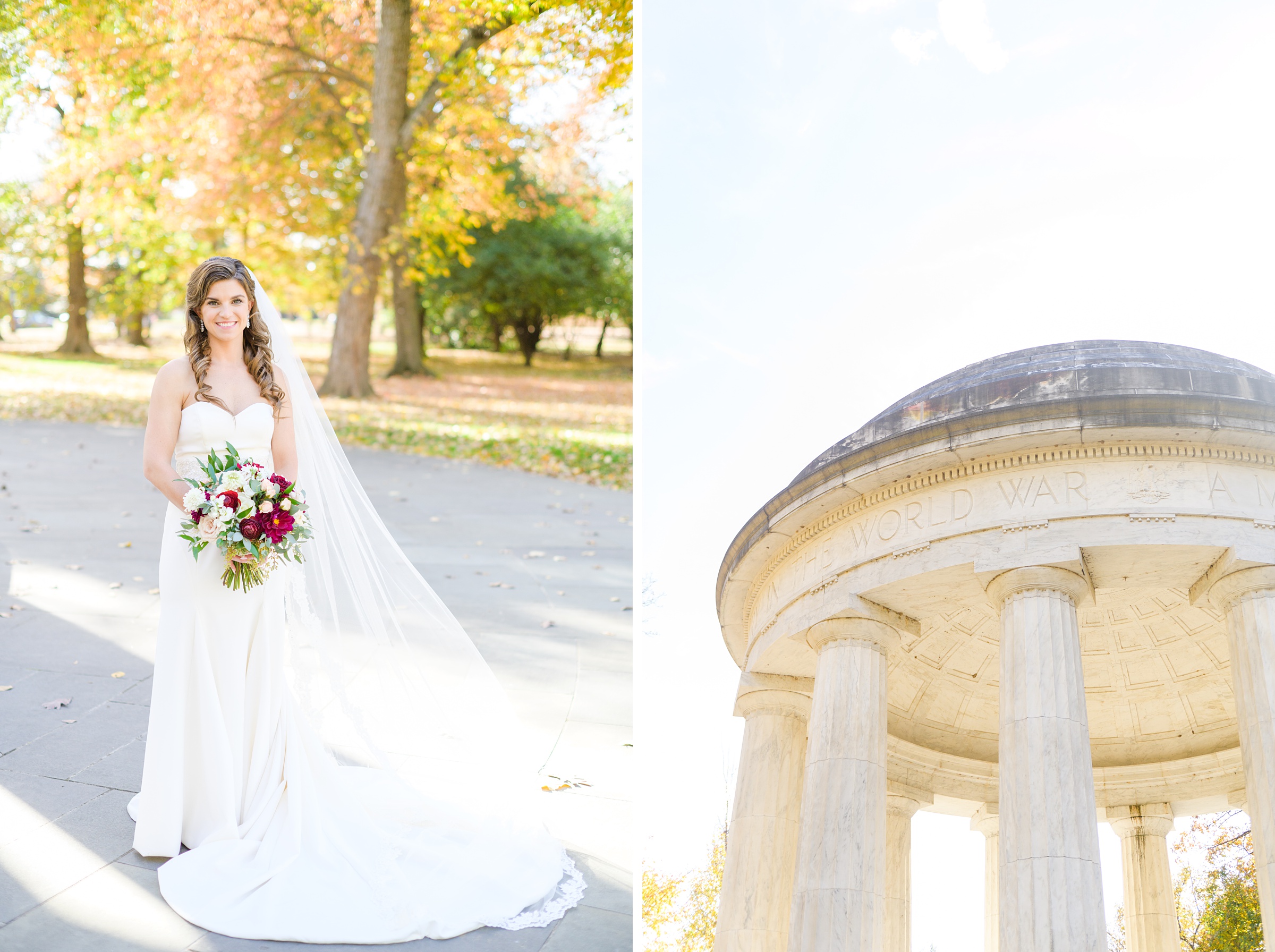 Burgundy and white Fall wedding day portraits and details featuring Mayflower Hotel DC wedding photos photographed by Baltimore wedding photographer Cait Kramer Photography