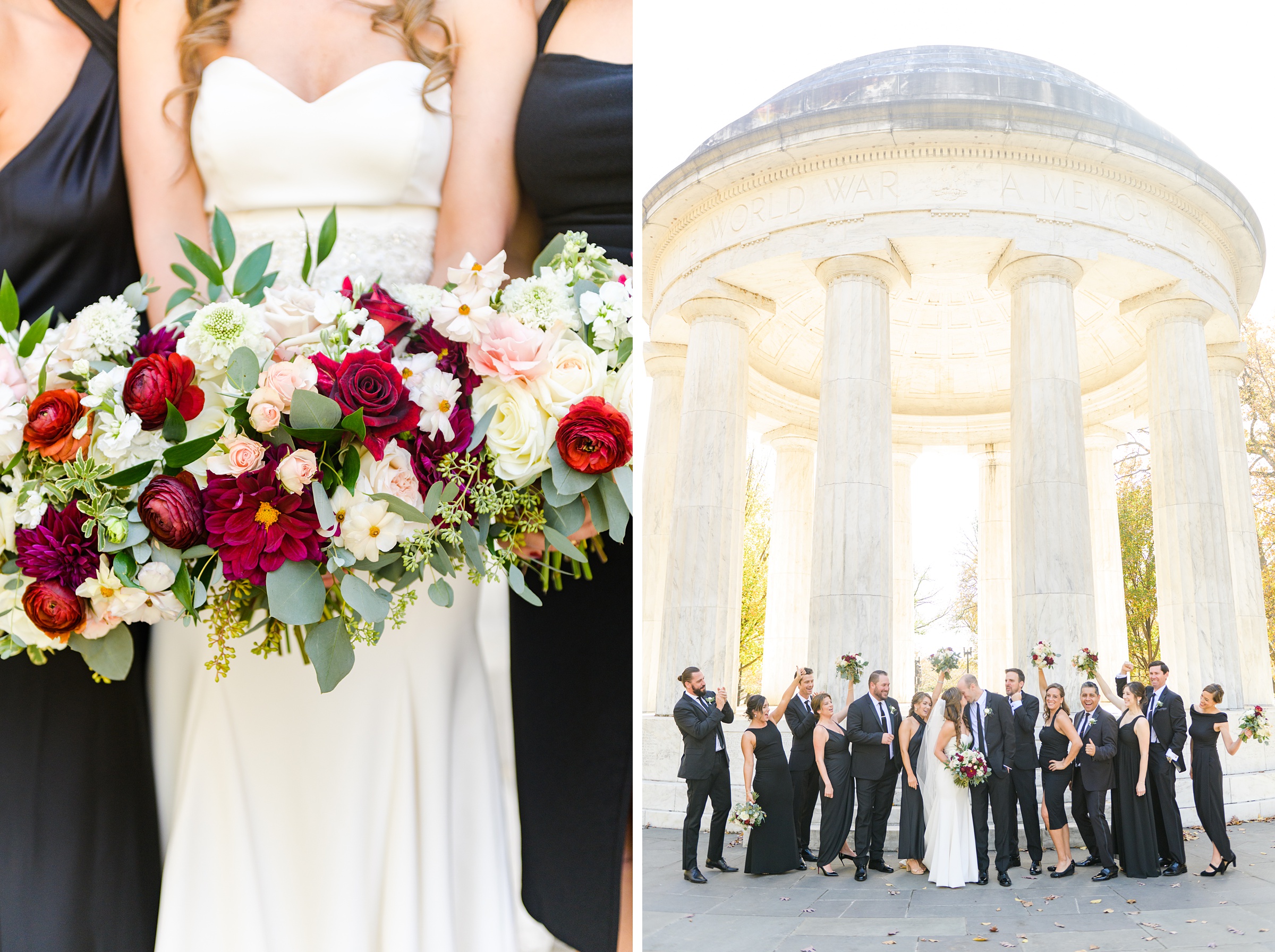 Burgundy and white Fall wedding day portraits and details featuring Mayflower Hotel DC wedding photos photographed by Baltimore wedding photographer Cait Kramer Photography